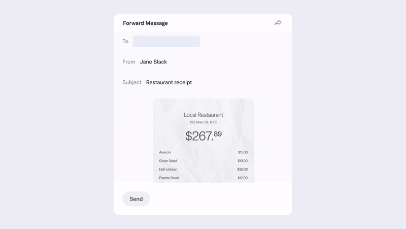A looping GIF that shows an email with an attached receipt to receipts@mercury.com and it being automatically matched to its associated transaction.