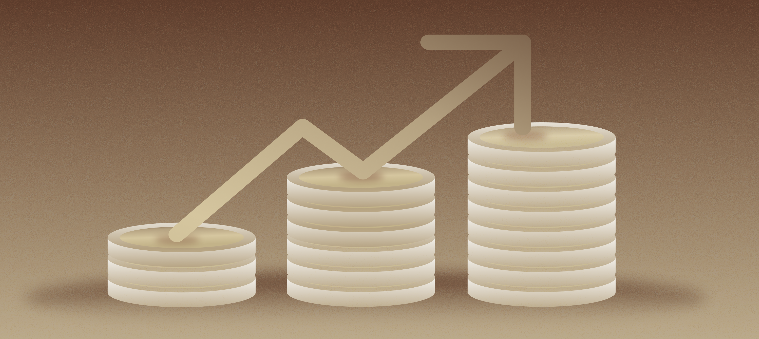 An illustration of incrementally increasing stacks of disks and an arrow, up and to the right