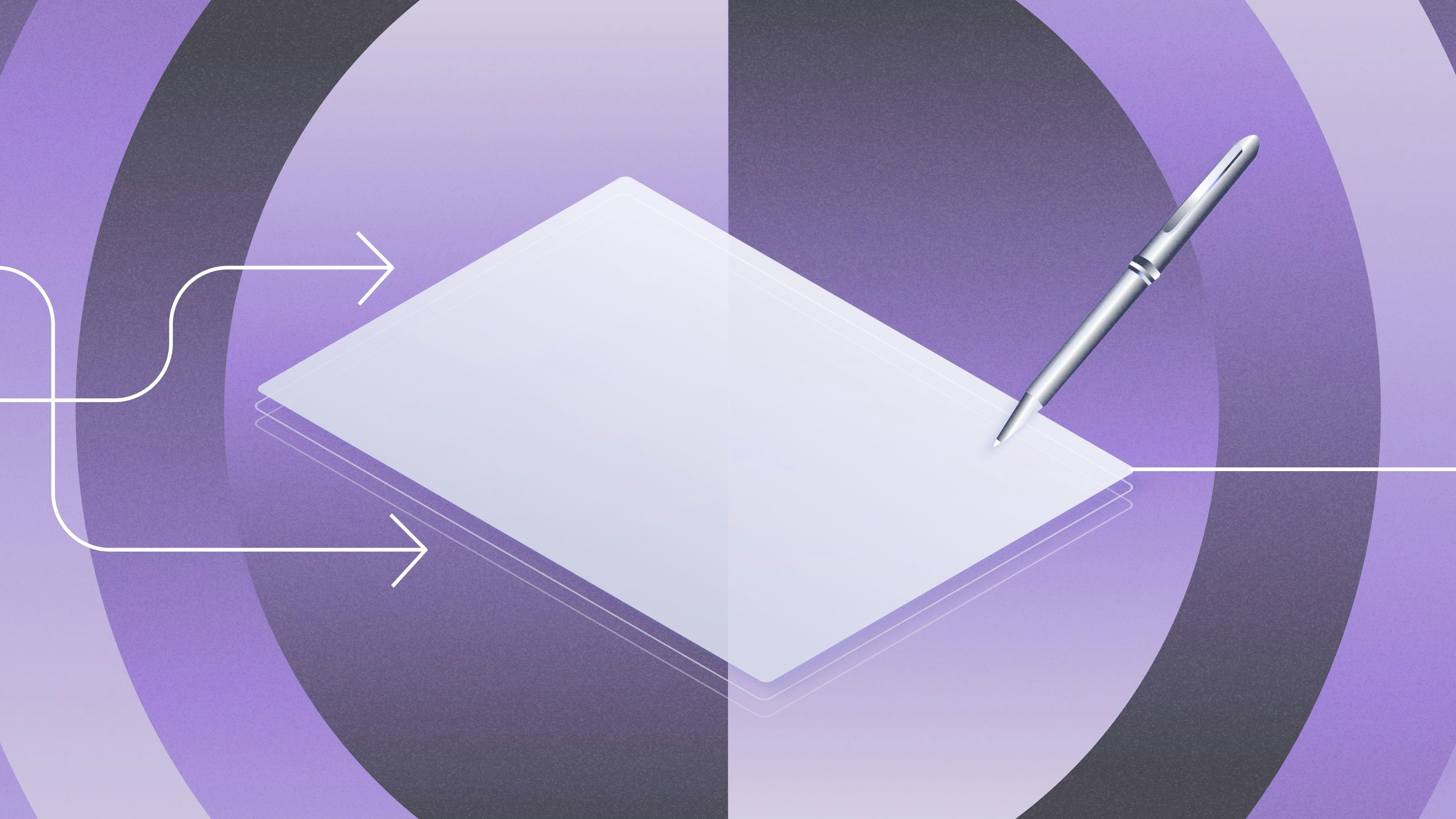 Graphic illustration of piece of paper with pen writing on it and various arrows on an abstract purple background | How to communicate a strong brand narrative to investors | Mercury