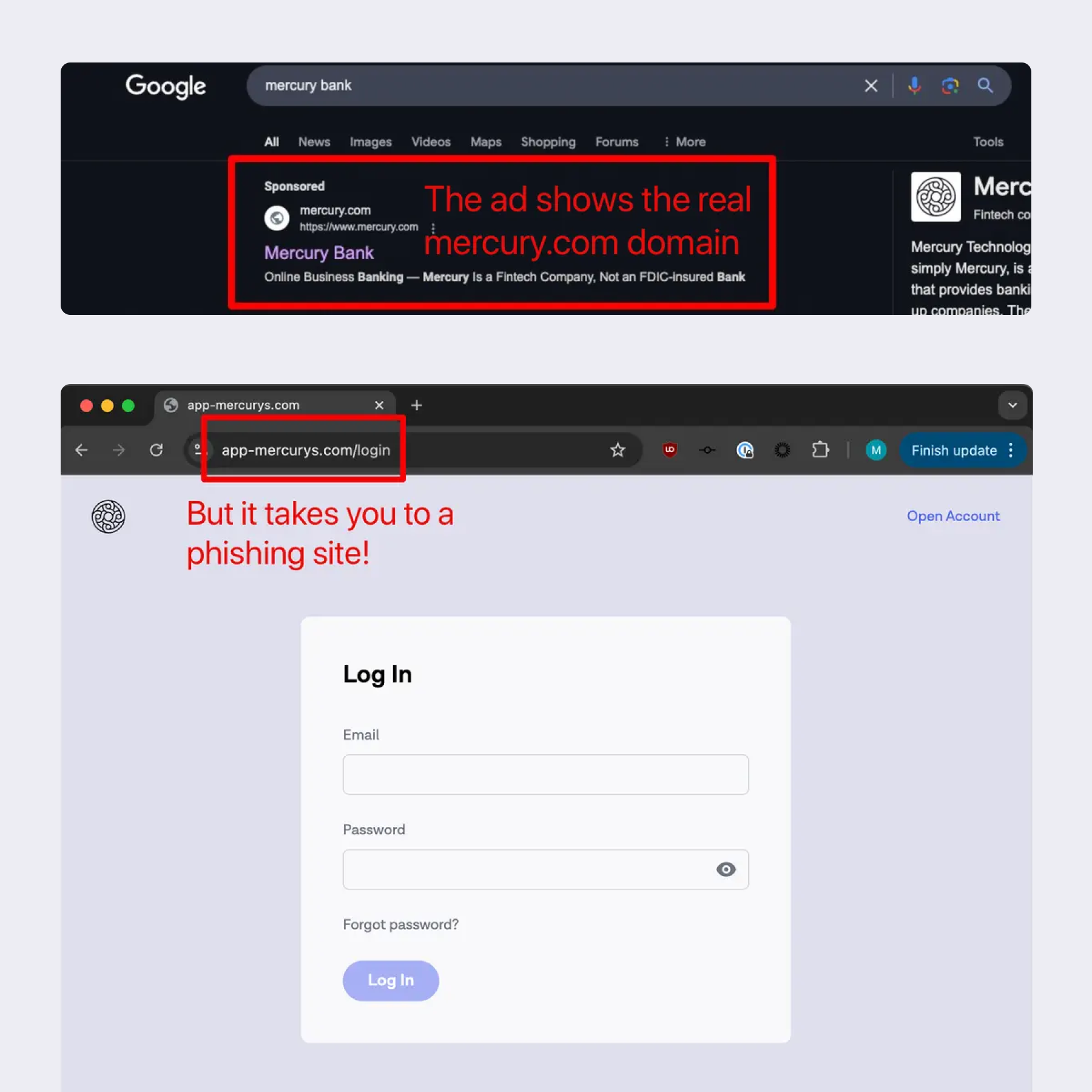 example of a fake google ad taking users to a phishing site that looks like Mercury