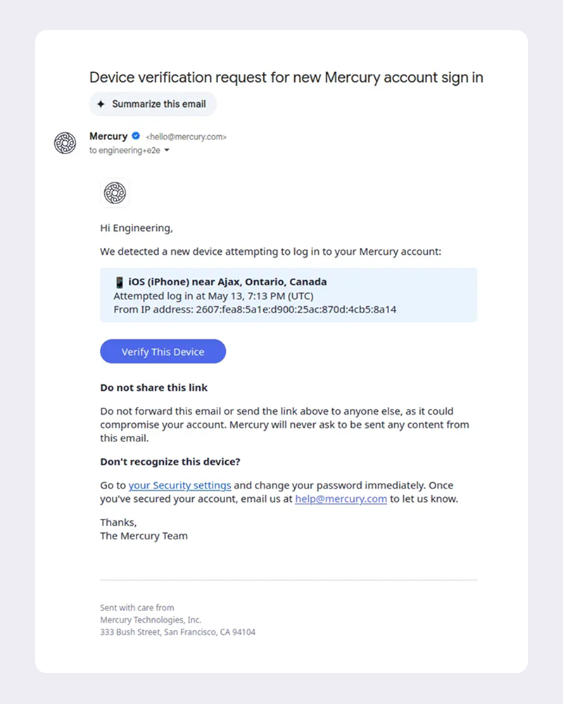 example of device verification from Mercury