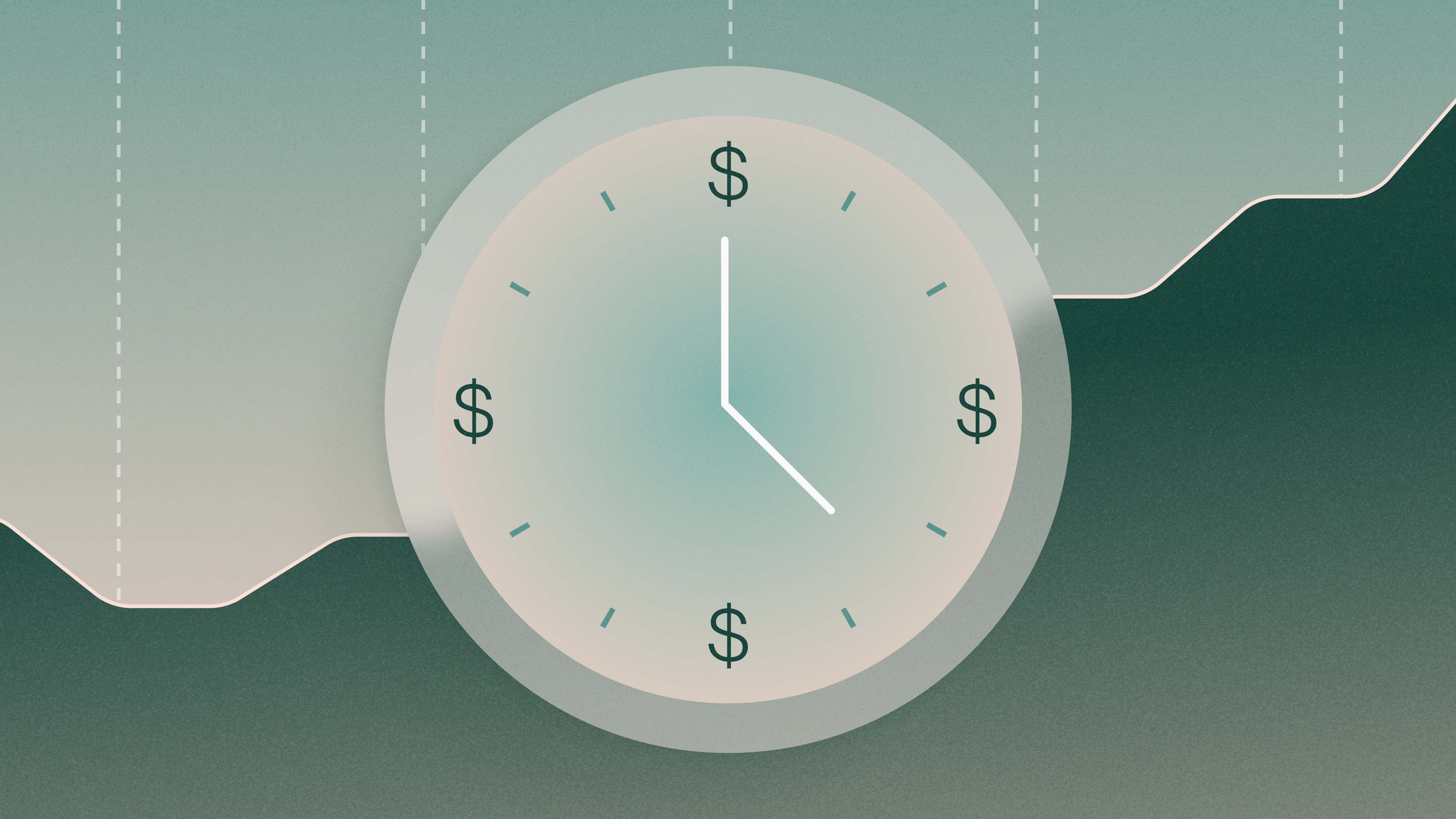 Graphic illustration of a clock with dollar signs in place of numbers and growing line chart in the background | Making the first finance hire for your startup | Mercury
