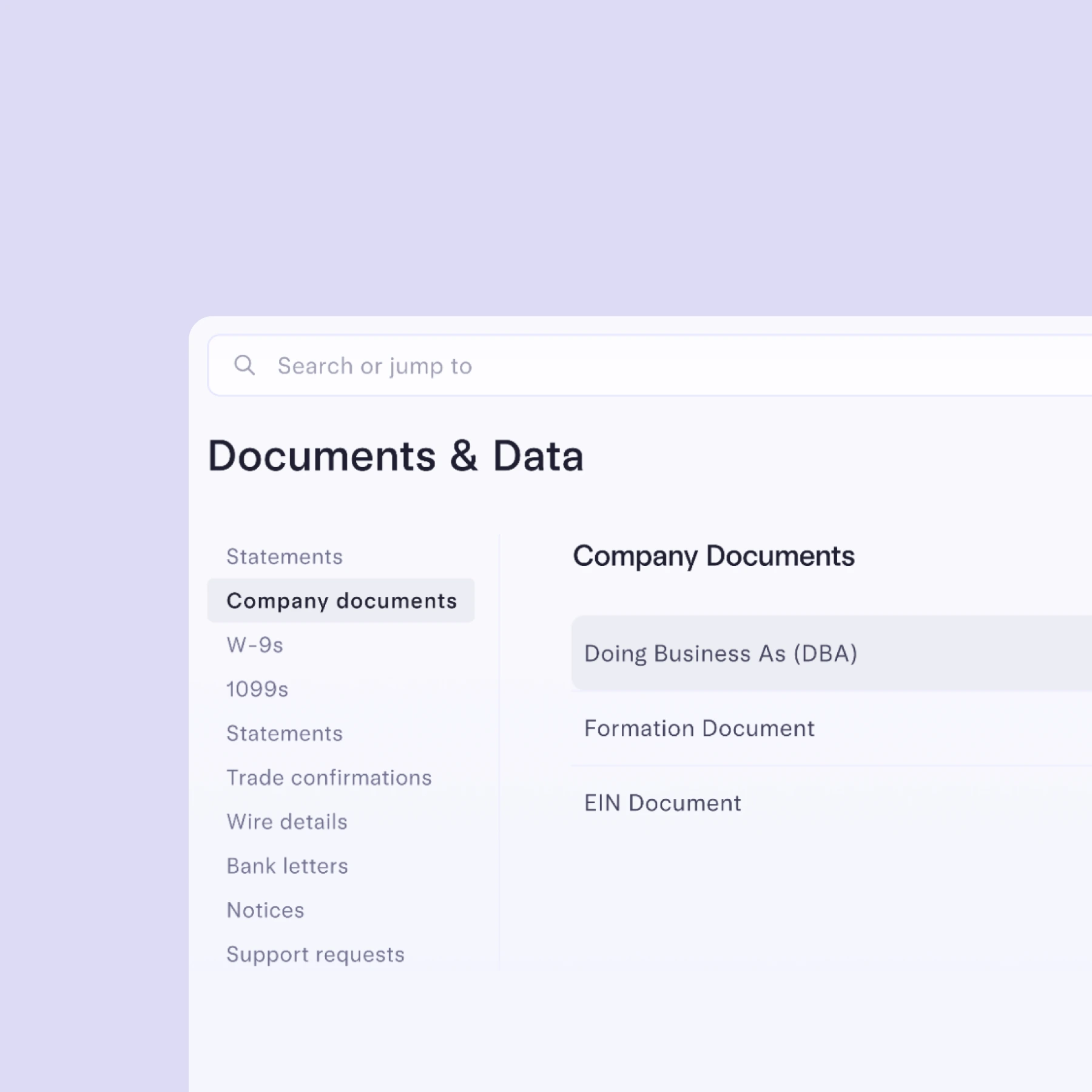 UI screenshot of the documents and data dashboard | Mercury