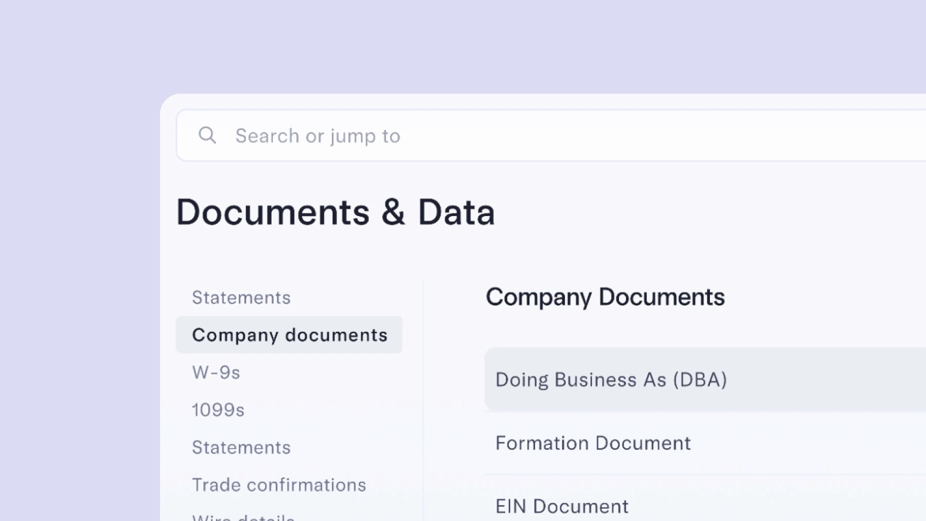 UI screenshot of the documents and data dashboard | Mercury