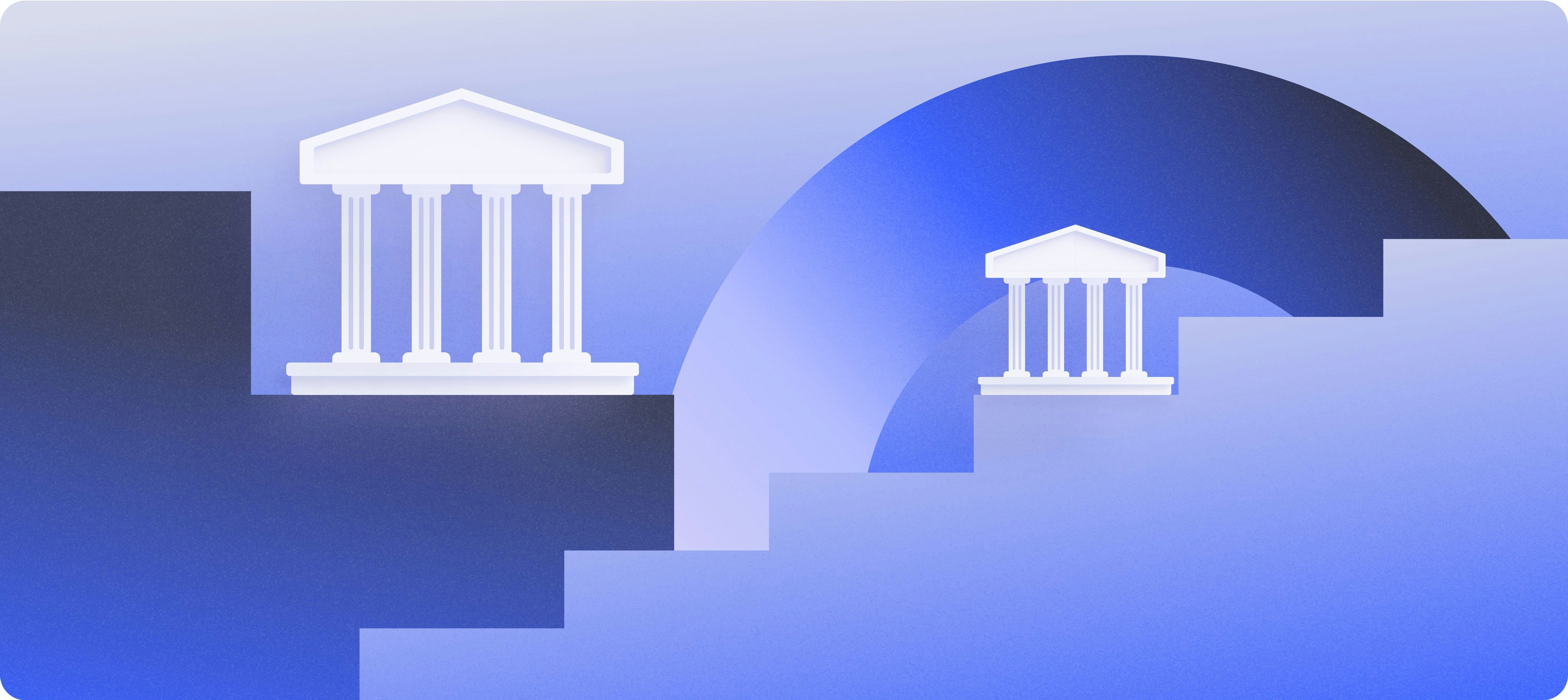 Graphic illustration of large and small banks on a staircase | Comparing regional, community, and national banks | Mercury