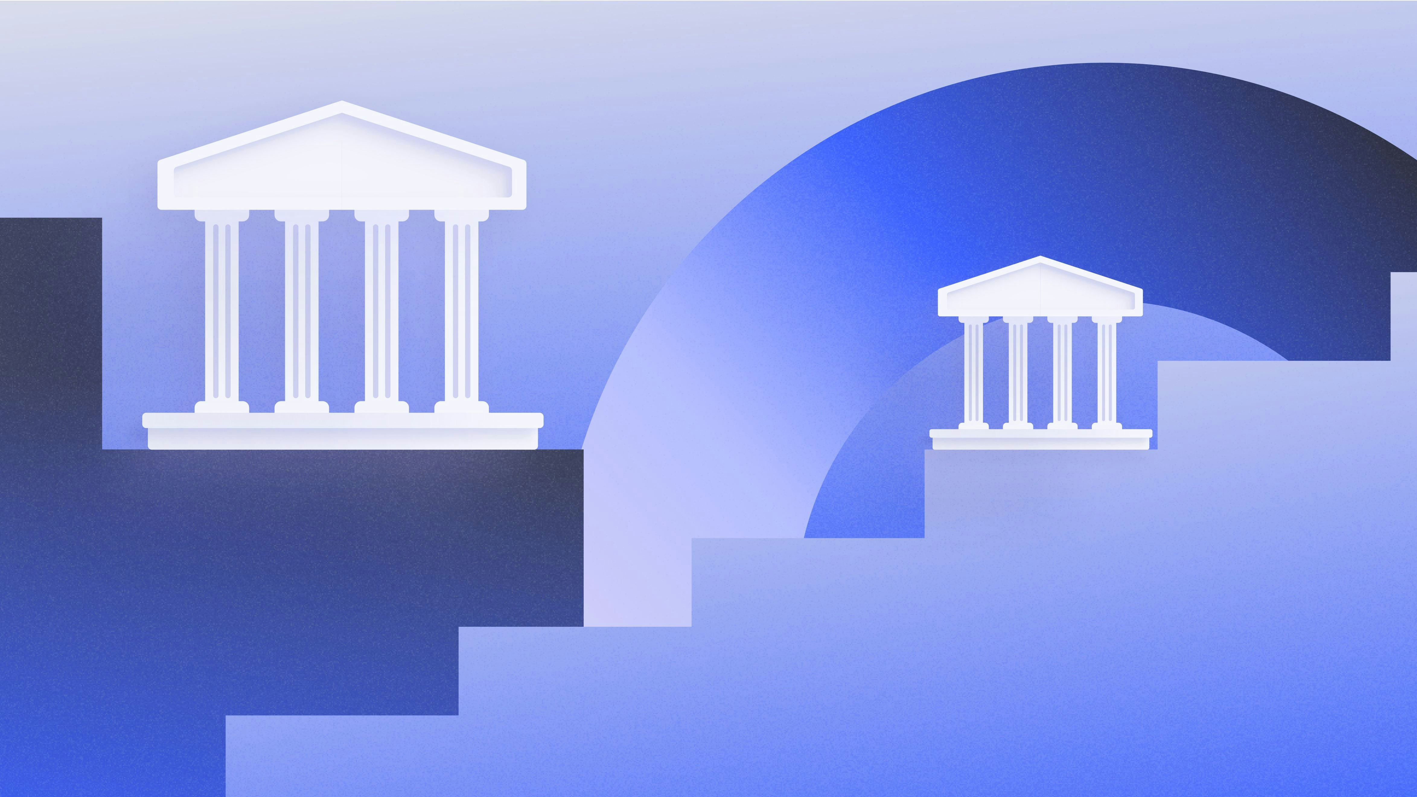 Graphic illustration of large and small banks on a staircase | Comparing regional, community, and national banks | Mercury
