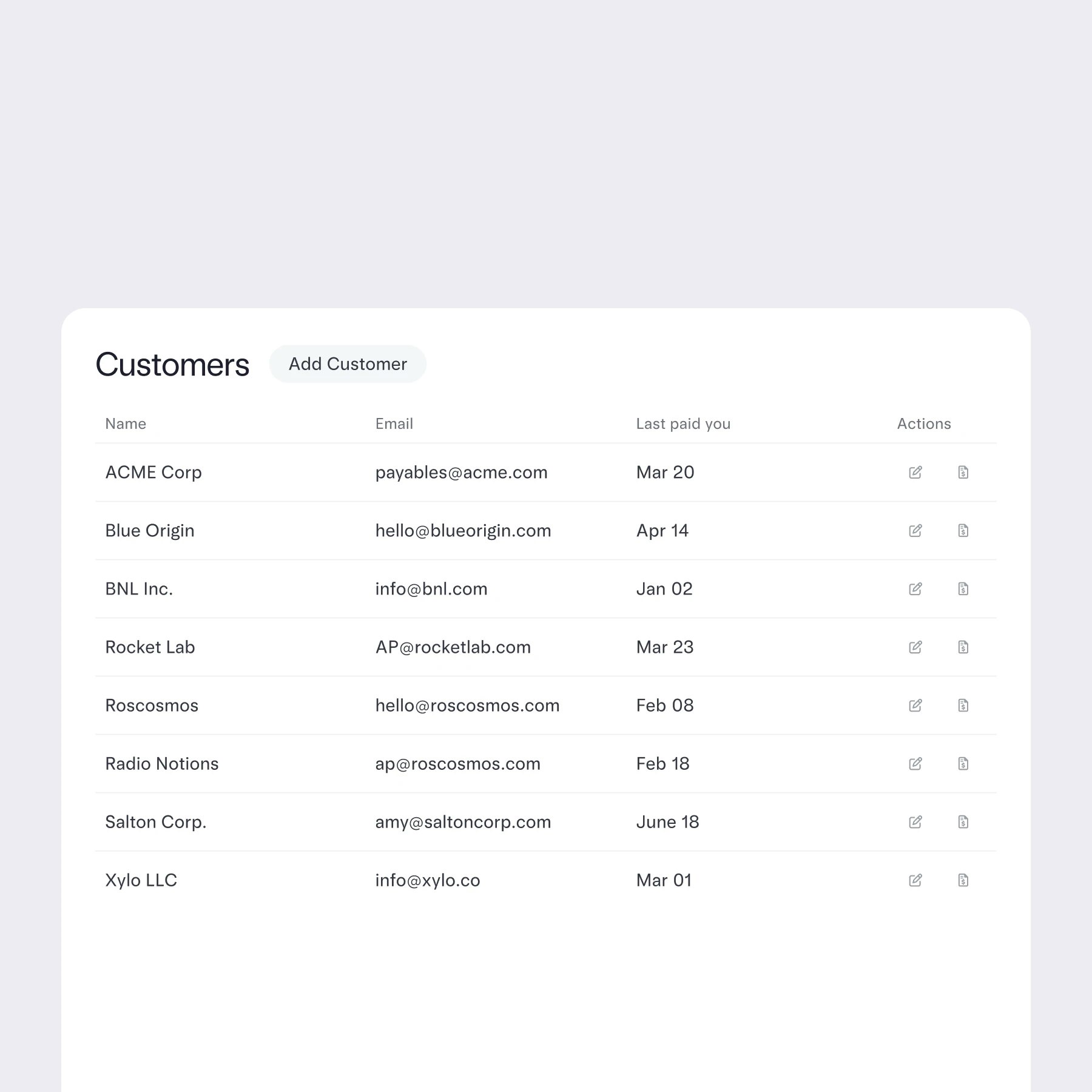 Screenshot of Customers page under Invoicing with the copy: "A better way to manage your customers"