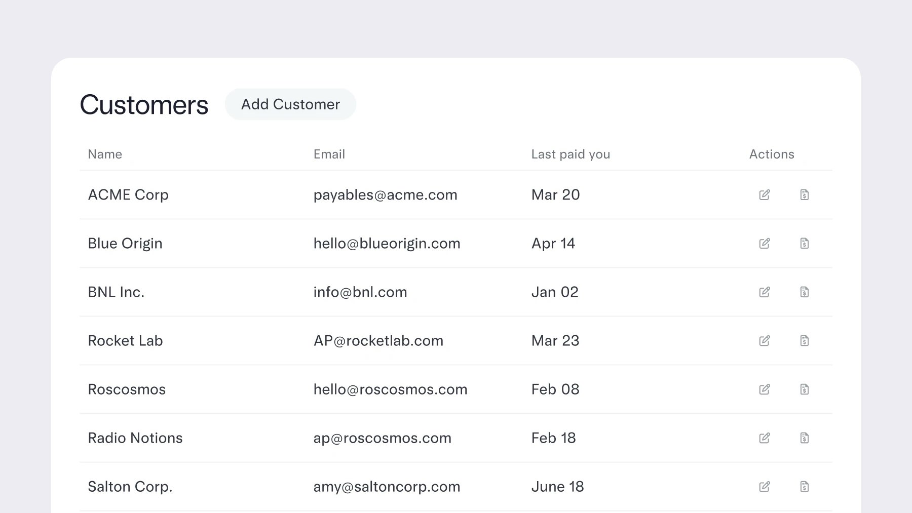 Screenshot of Customers page under Invoicing with the copy: "A better way to manage your customers"