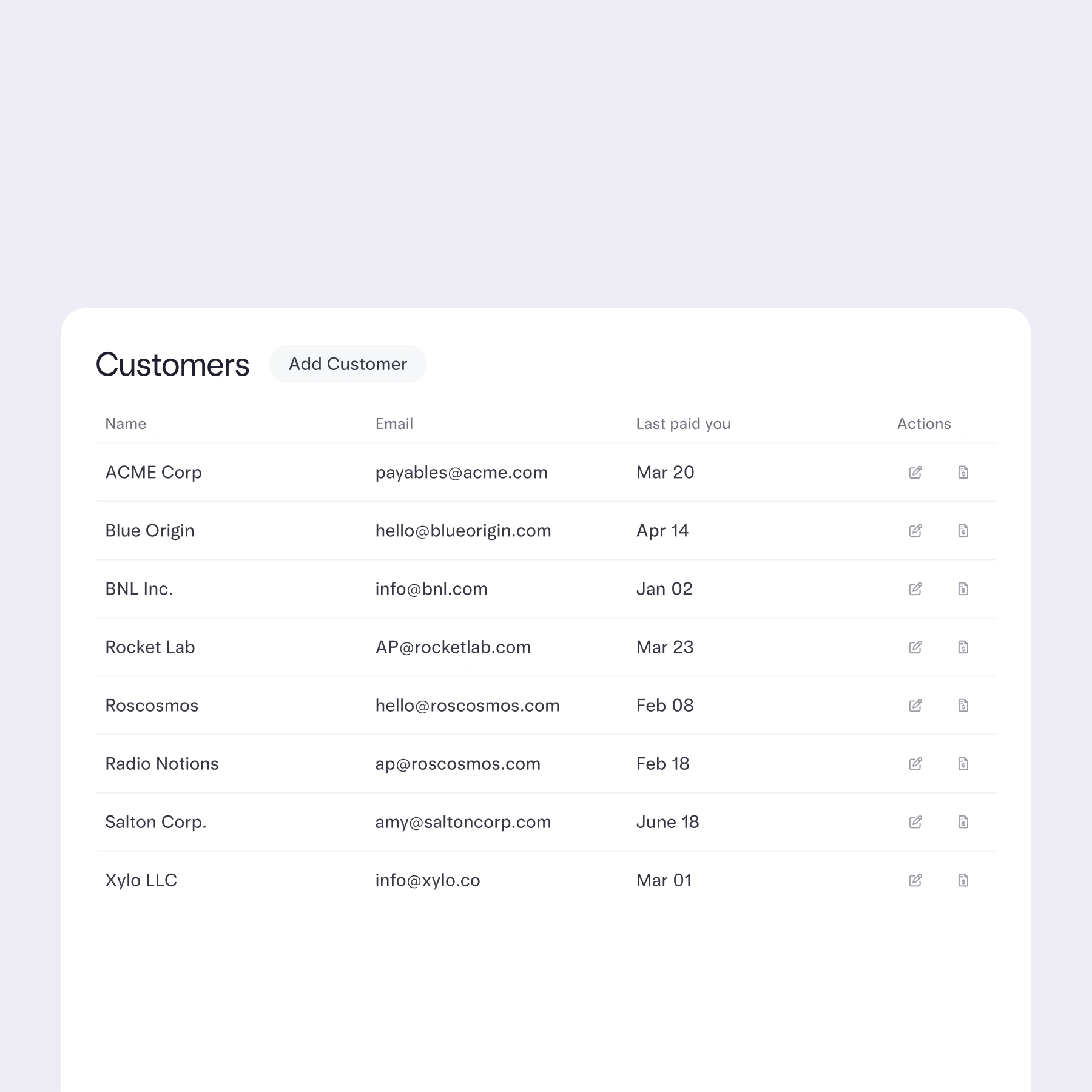 Screenshot of Customers page under Invoicing with the copy: "A better way to manage your customers"