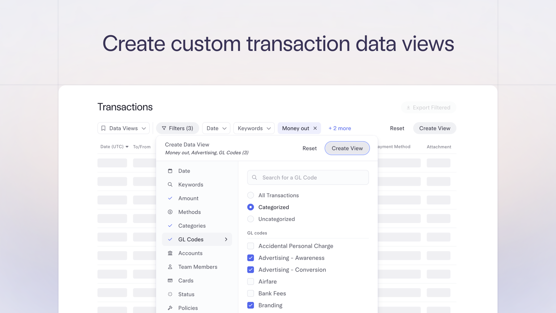 Screenshot of the Transaction page with these filters selected: "Money out" and "Advertising"
