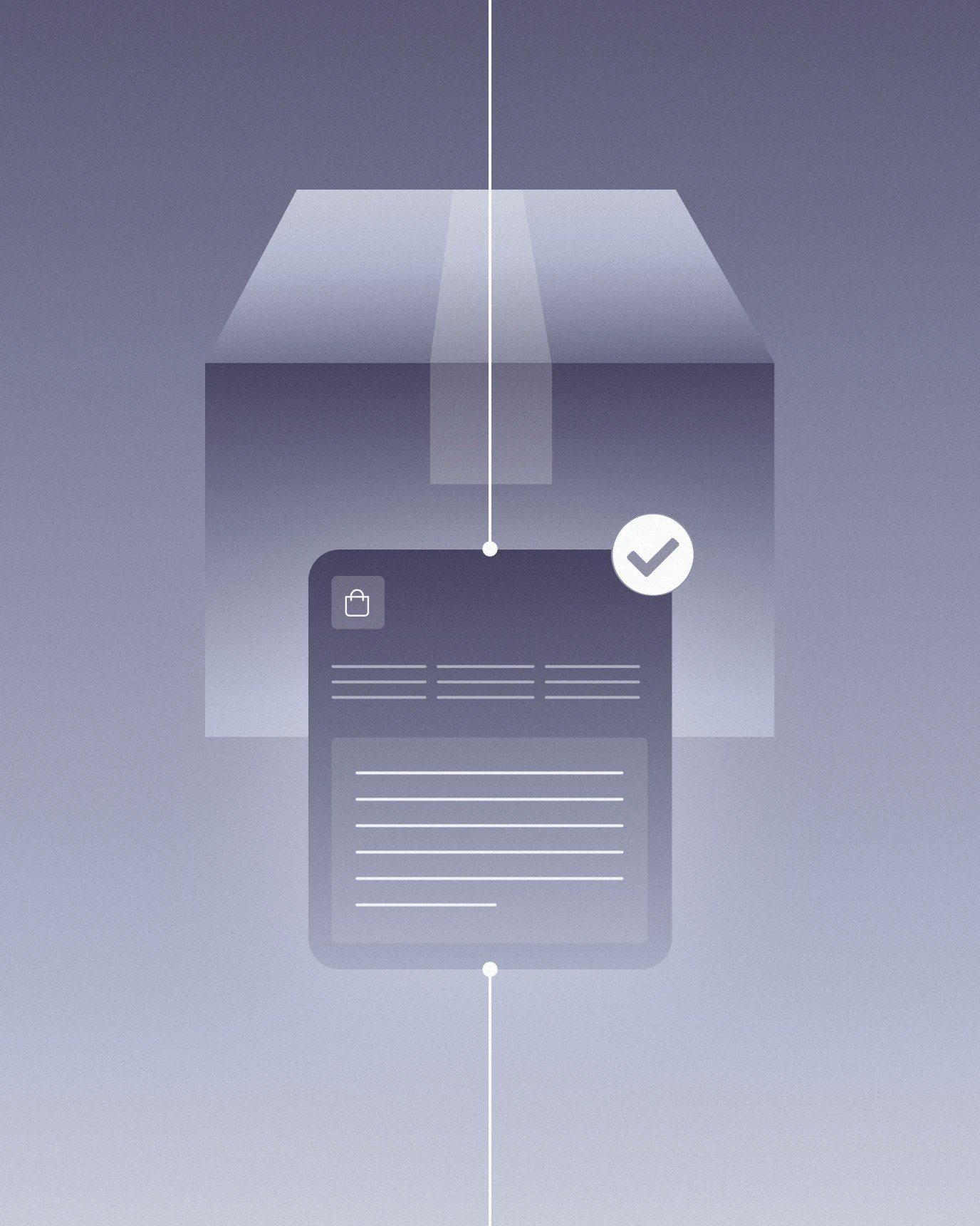 Illustration of a box/delivery with a purchase order overlaid with a checkmark