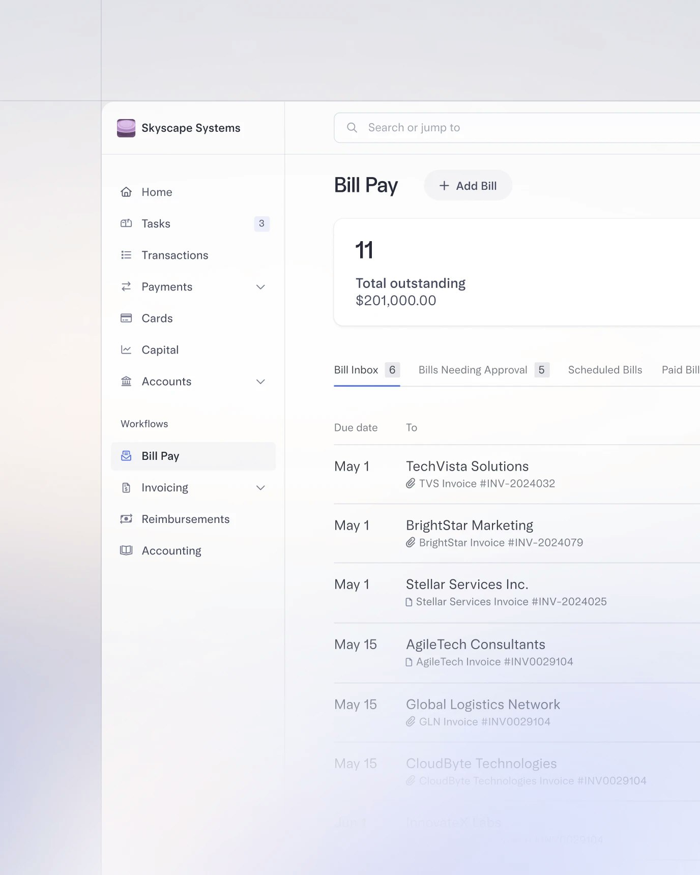 Image of the Bill Pay dashboard
