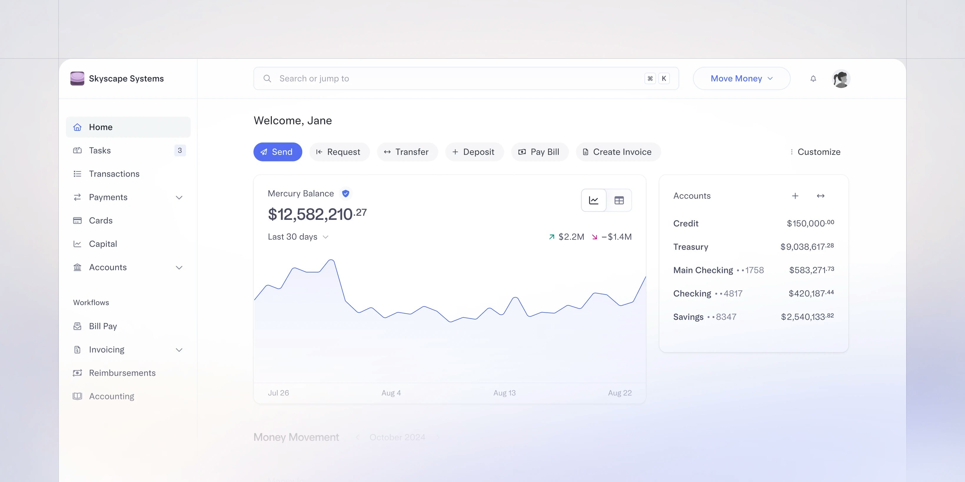 Product illustration of Mercury dashboard homepage.