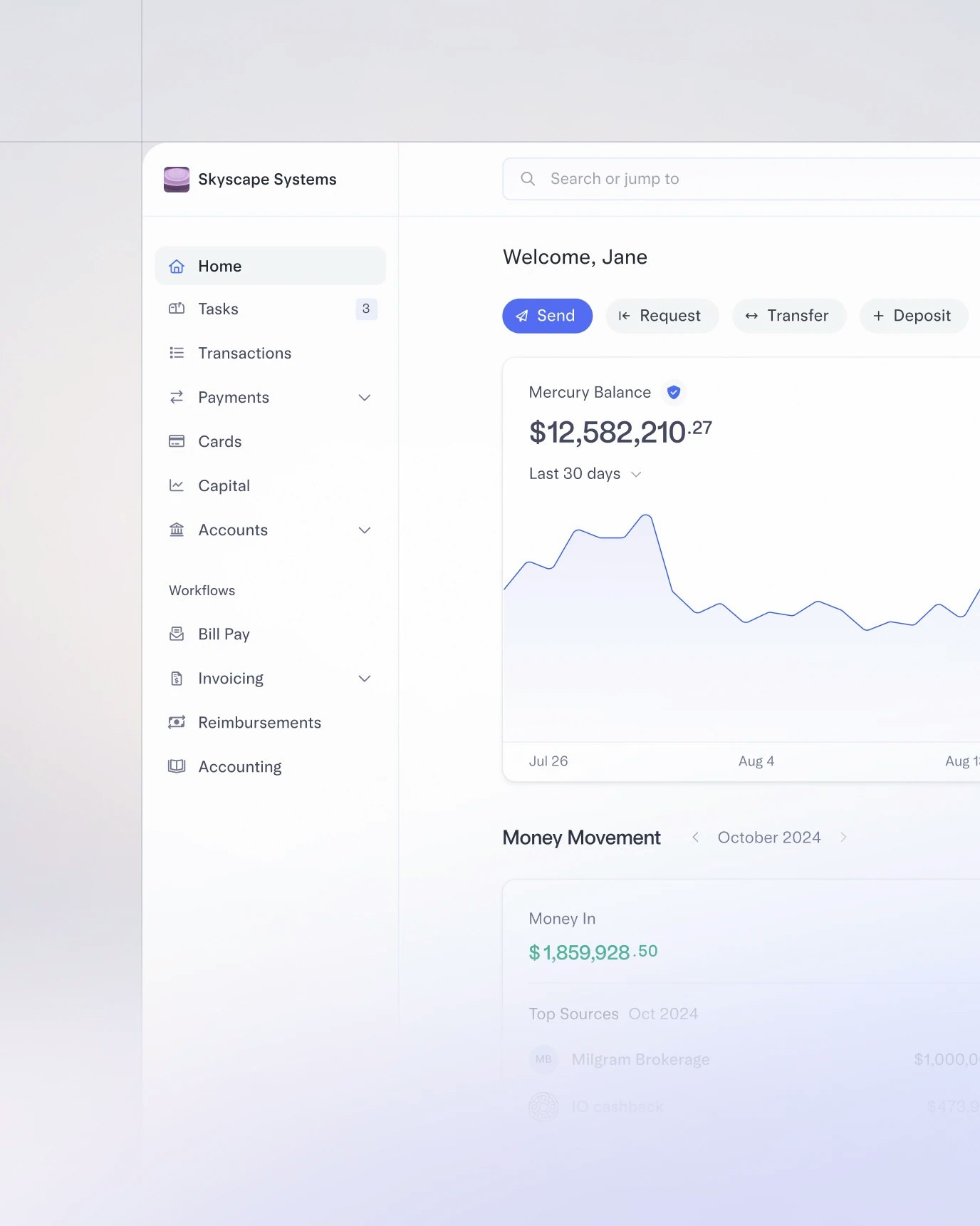 Image of Mercury dashboard with frosted glass UI of financial workflows surrounding it.