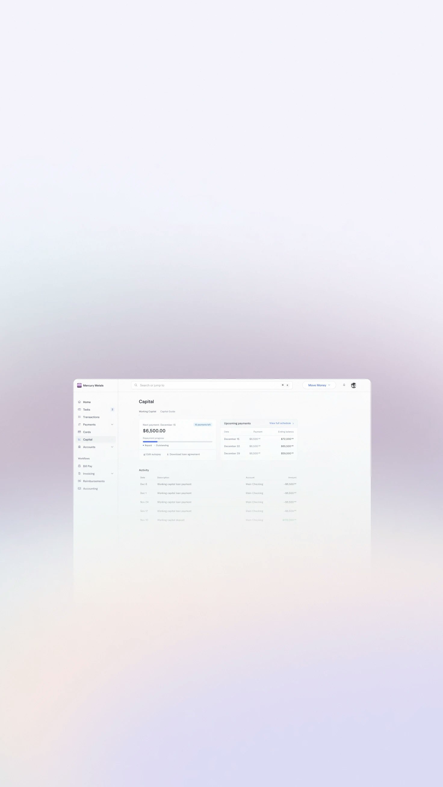 UI showing the working capital dashboard