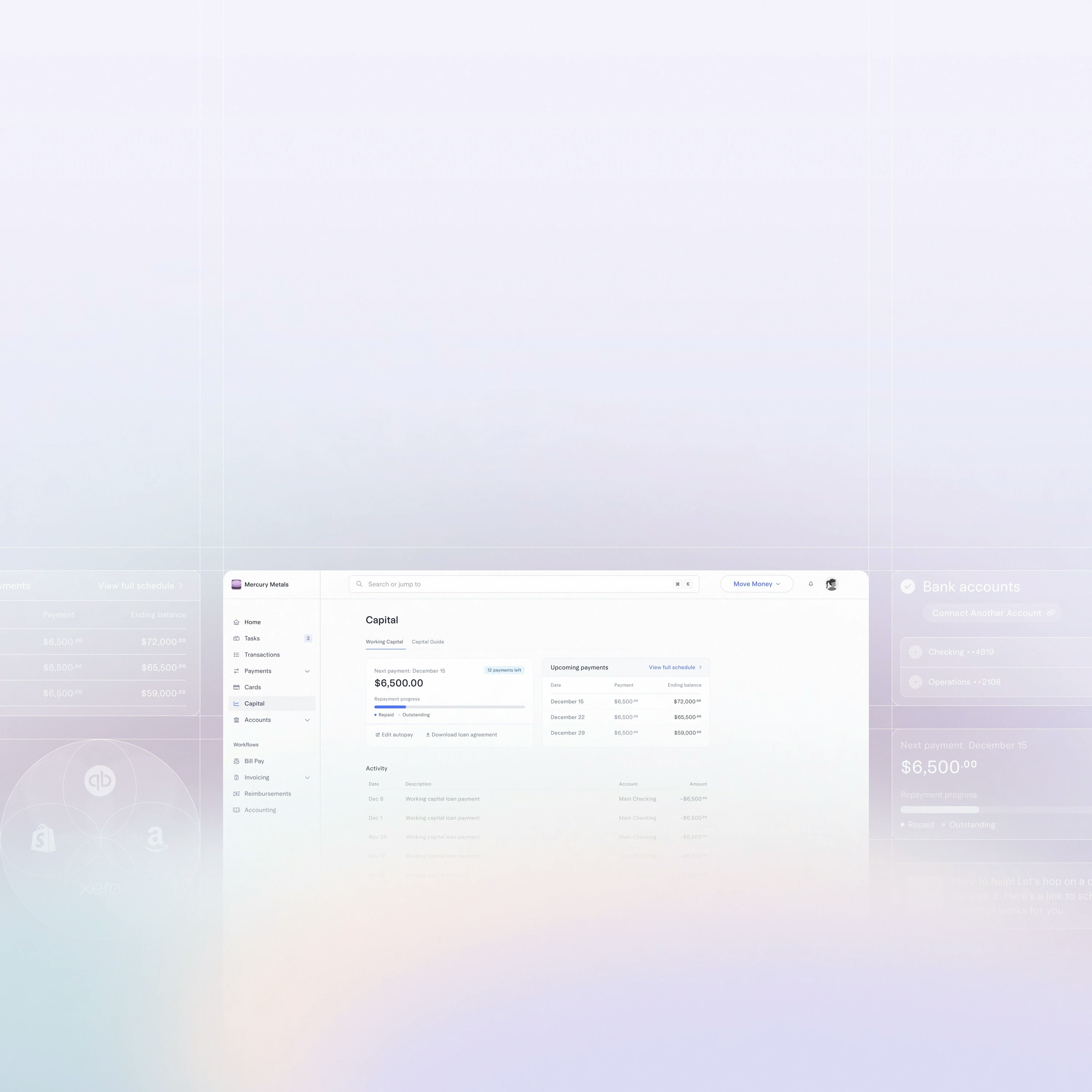UI showing the working capital dashboard + frosted glass UI