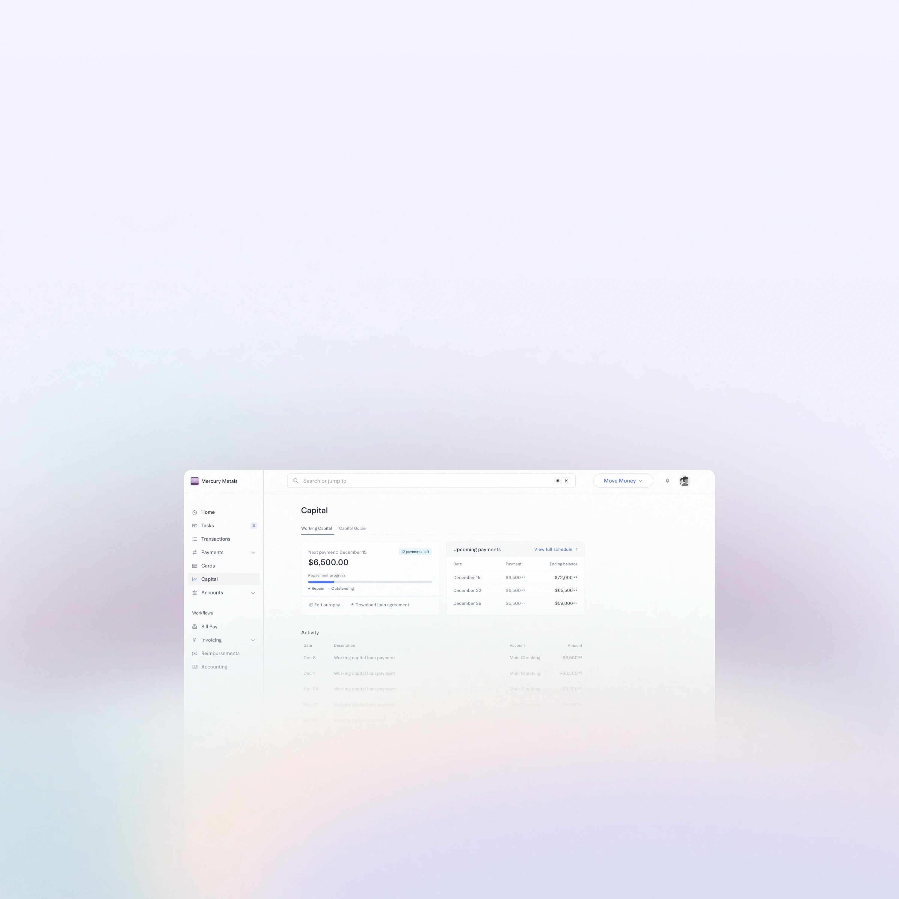 UI showing the working capital dashboard