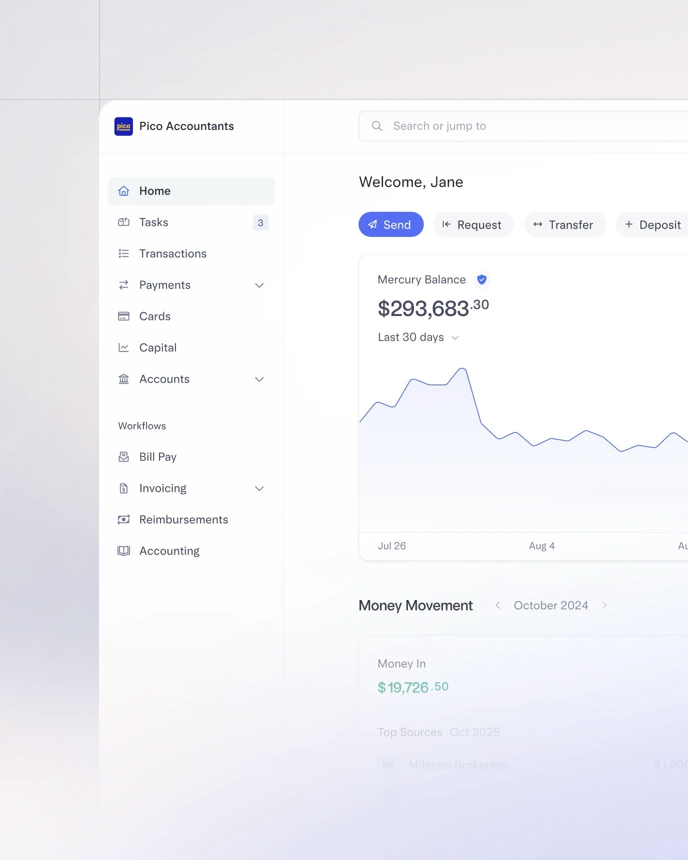 Sample of an accounting firm's Mercury dashboard