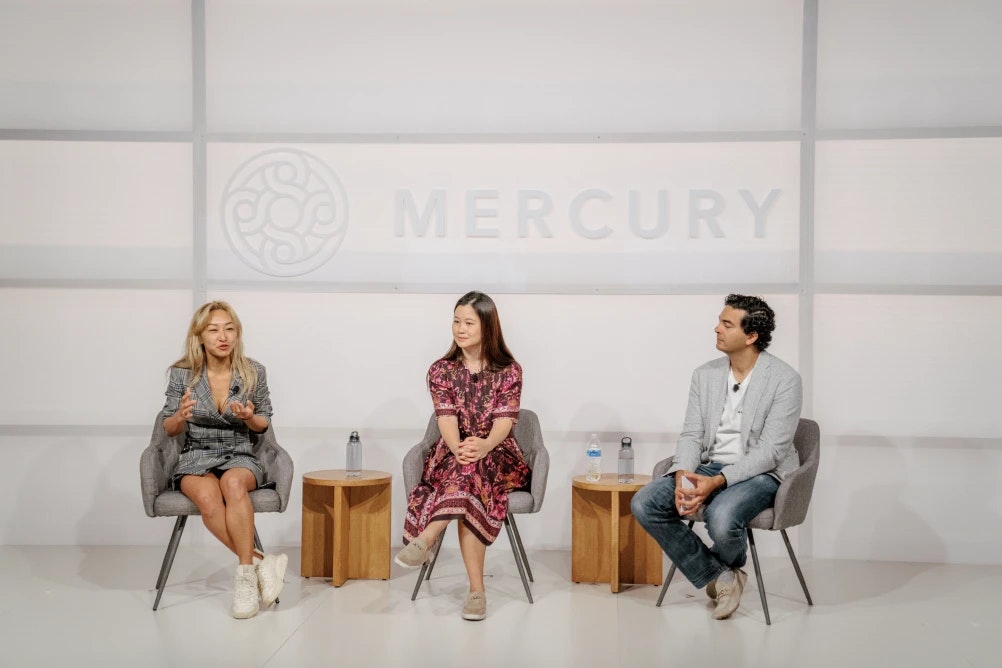 Sonya Huang, Sarah Guo, and Immad on the Spheres stage talking about what's next in AI