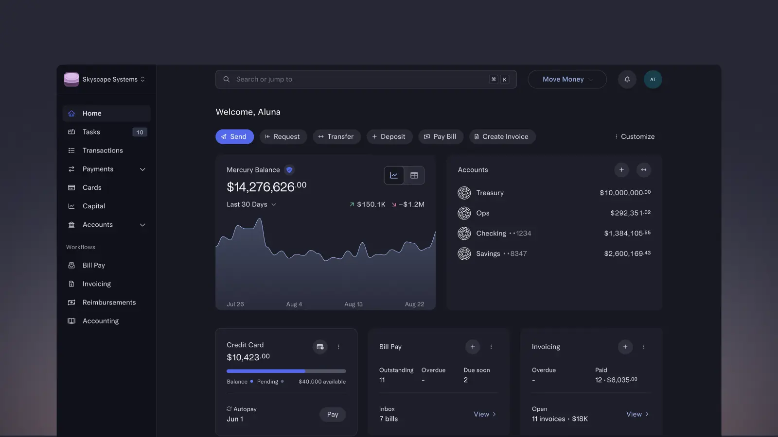 Dark mode version of Mercury’s Home dashboard on web