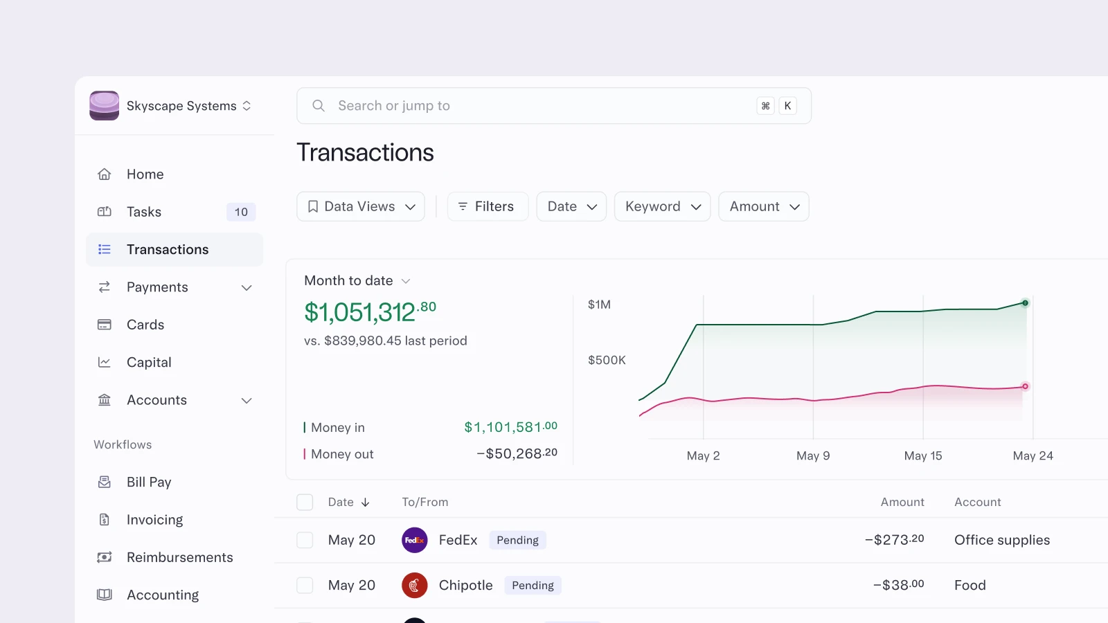 An overview of banking transactions within Mercury’s user interface