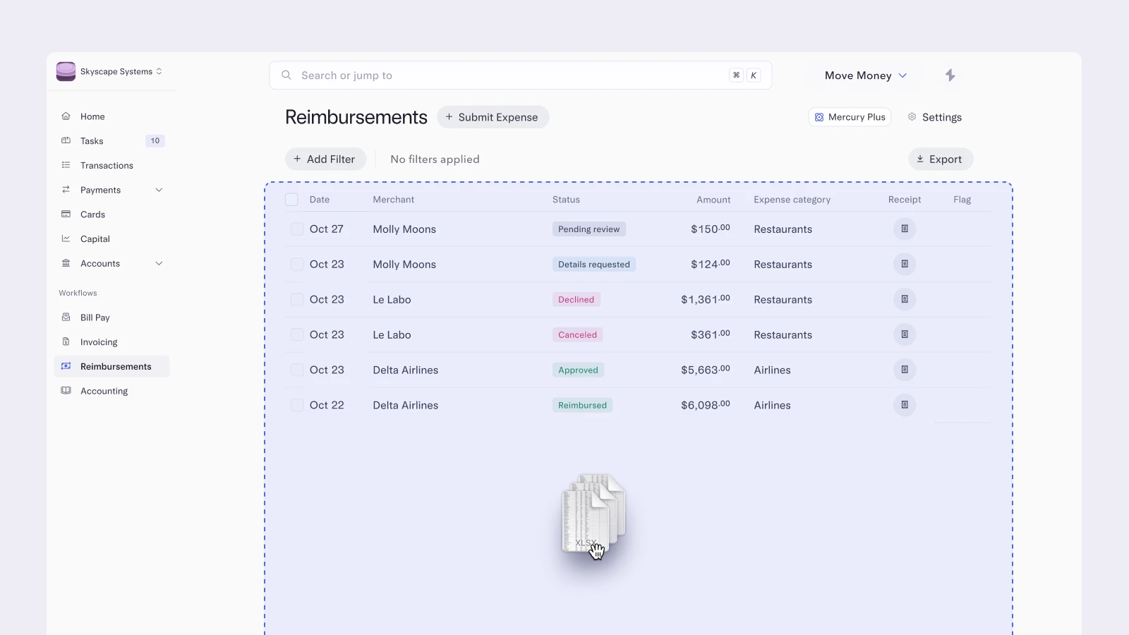 Reimbursements page showing multiple expenses being uploaded at once.