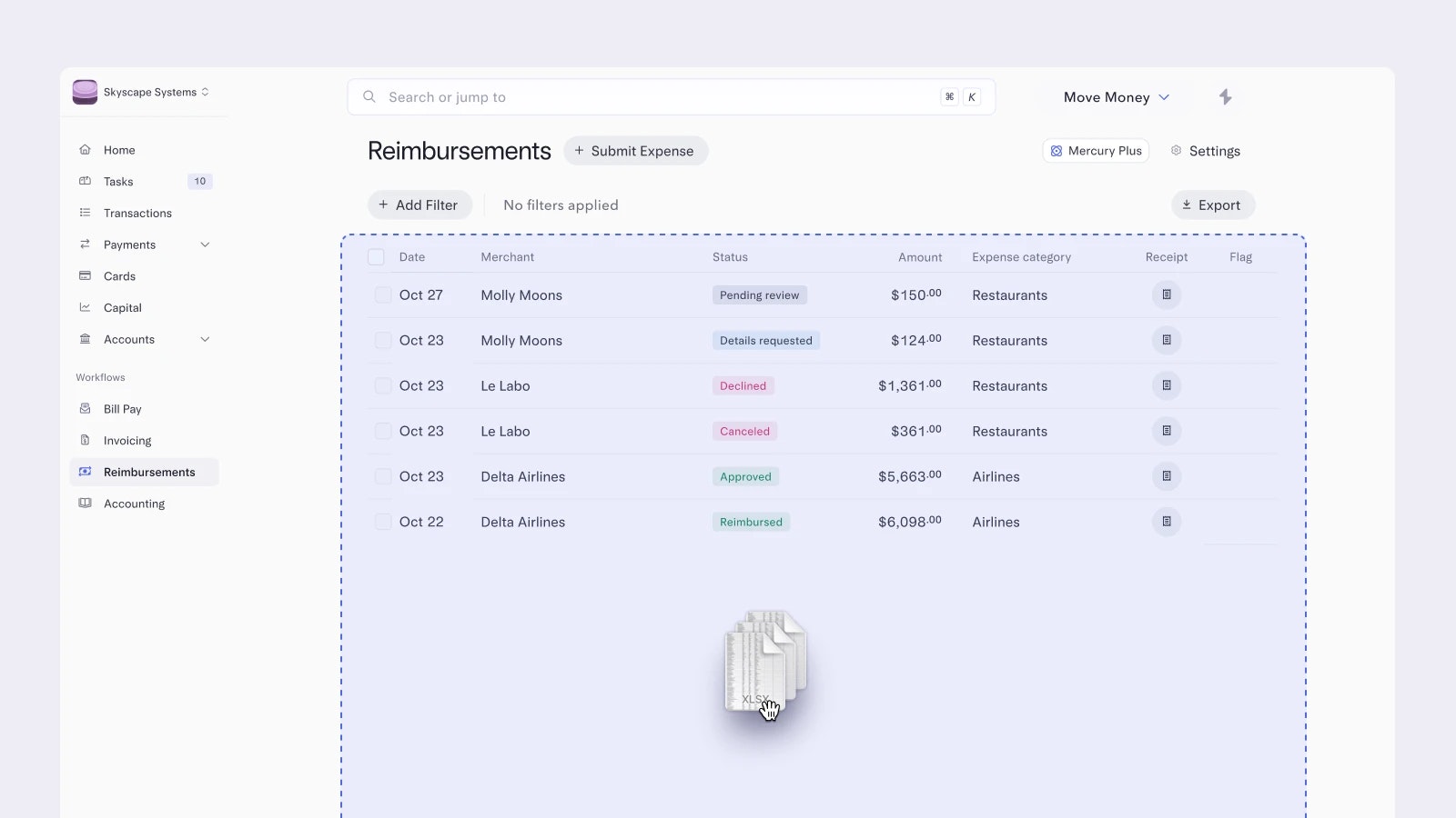 Reimbursements in bulk Reimbursements page showing multiple expenses being uploaded at once.