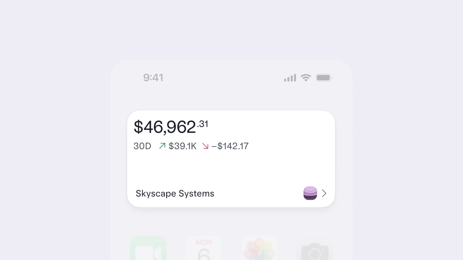 Mercury’s iPhone widget showing an account balance and money in and money out