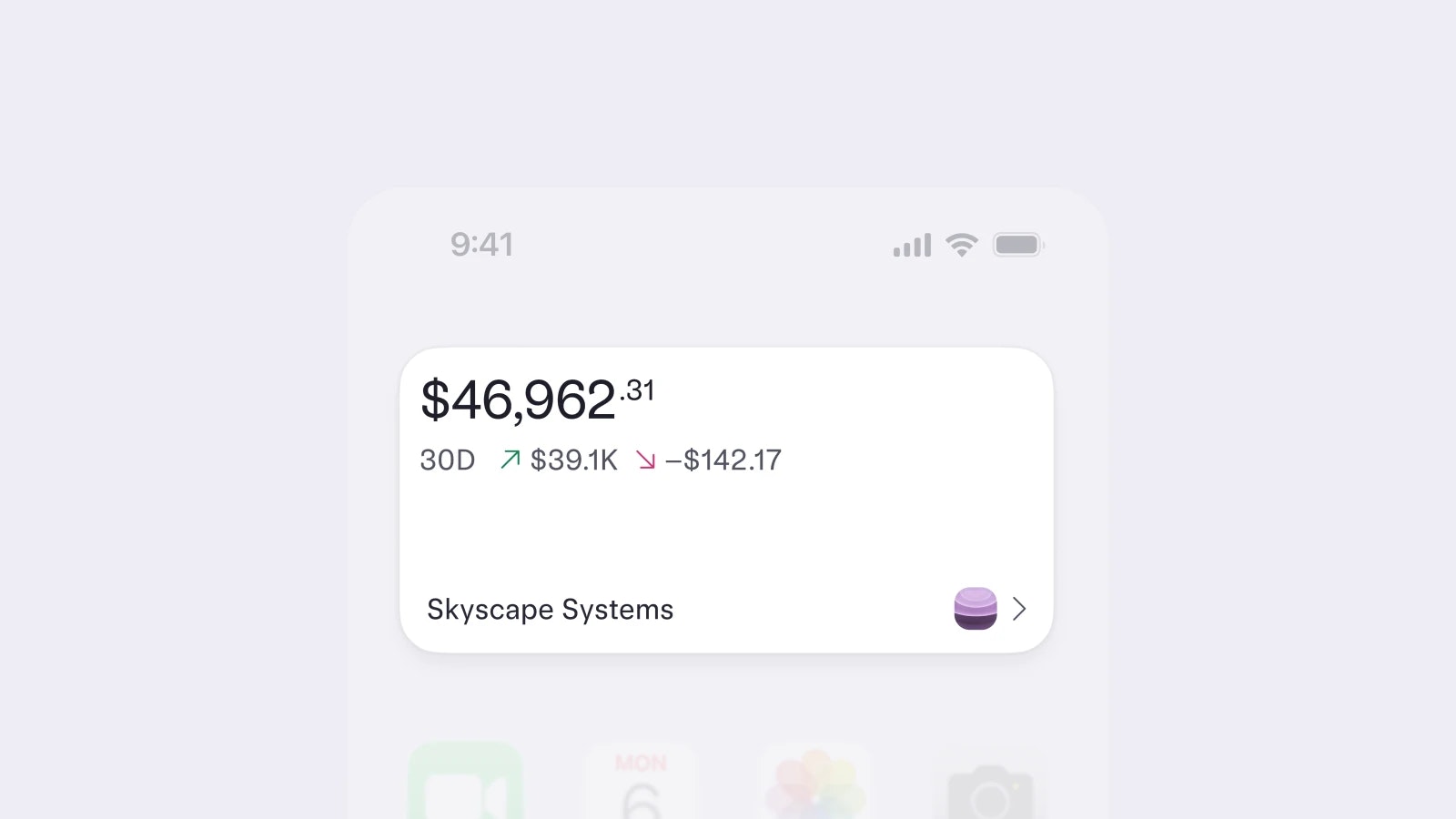 iOS Mercury widget showing account balance Mercury’s iPhone widget showing an account balance and money in and money out
