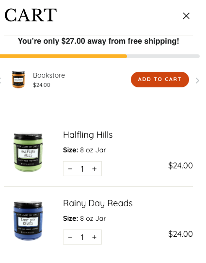 Frostbeard Studio's online cart, showing how much the customer has to spend to reach free shipping