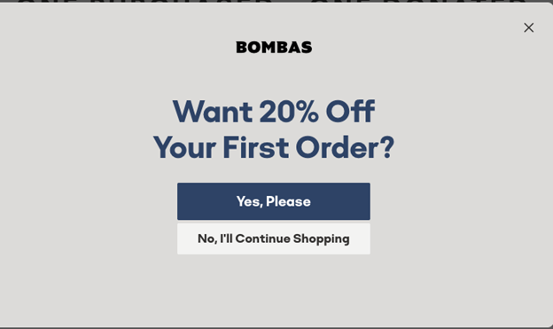 Bombas inital webpage, asking if you want 20% off your first order