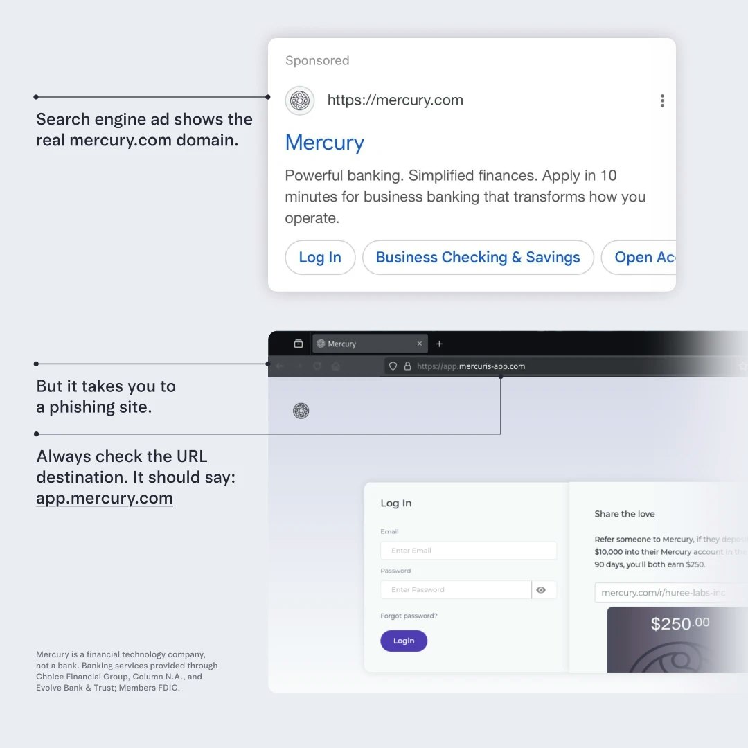 Example of a fake google ad taking users to a phishing site that looks like Mercury