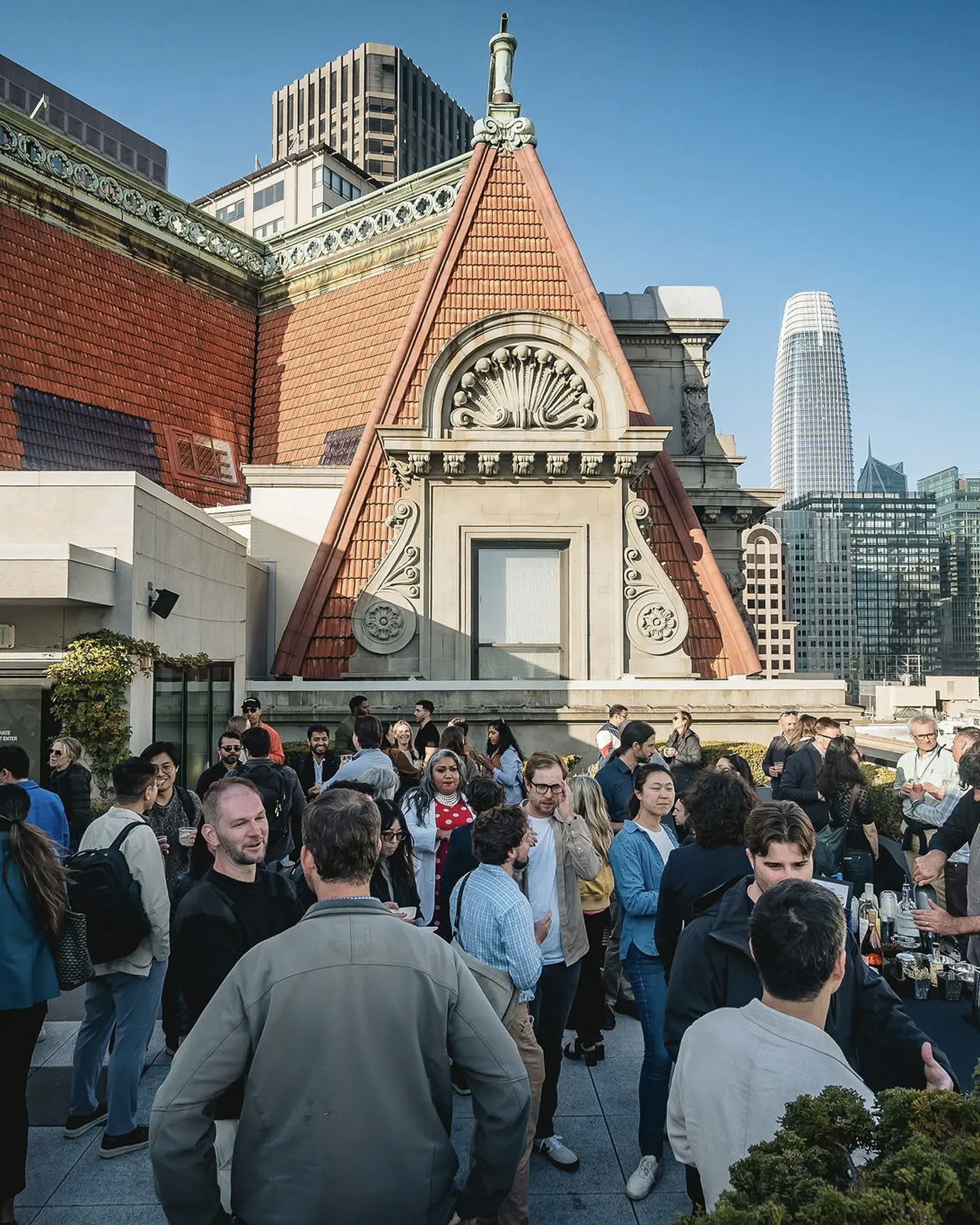 Rooftop event with a crowd