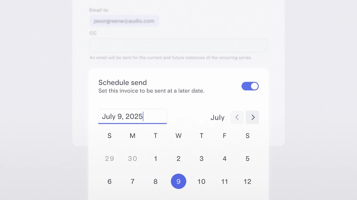 Invoice scheduled to send on July 9, 2025, using date picker in Mercury.