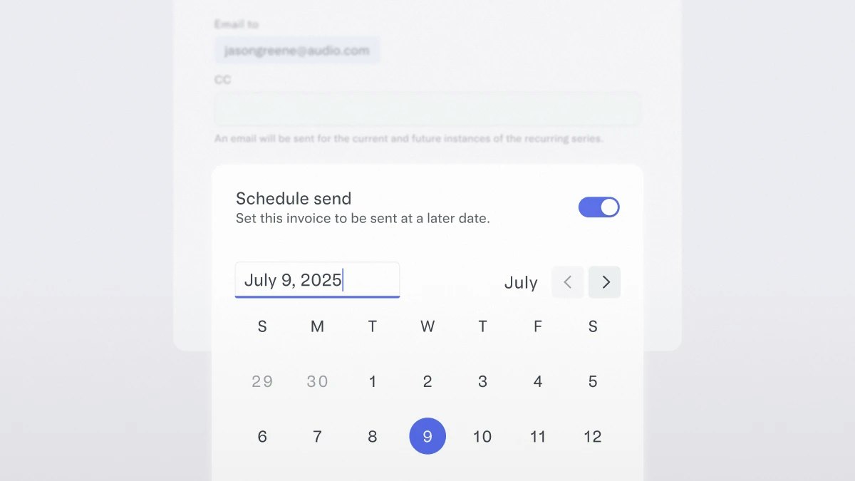Invoice scheduled to send on July 9, 2025, using date picker in Mercury.