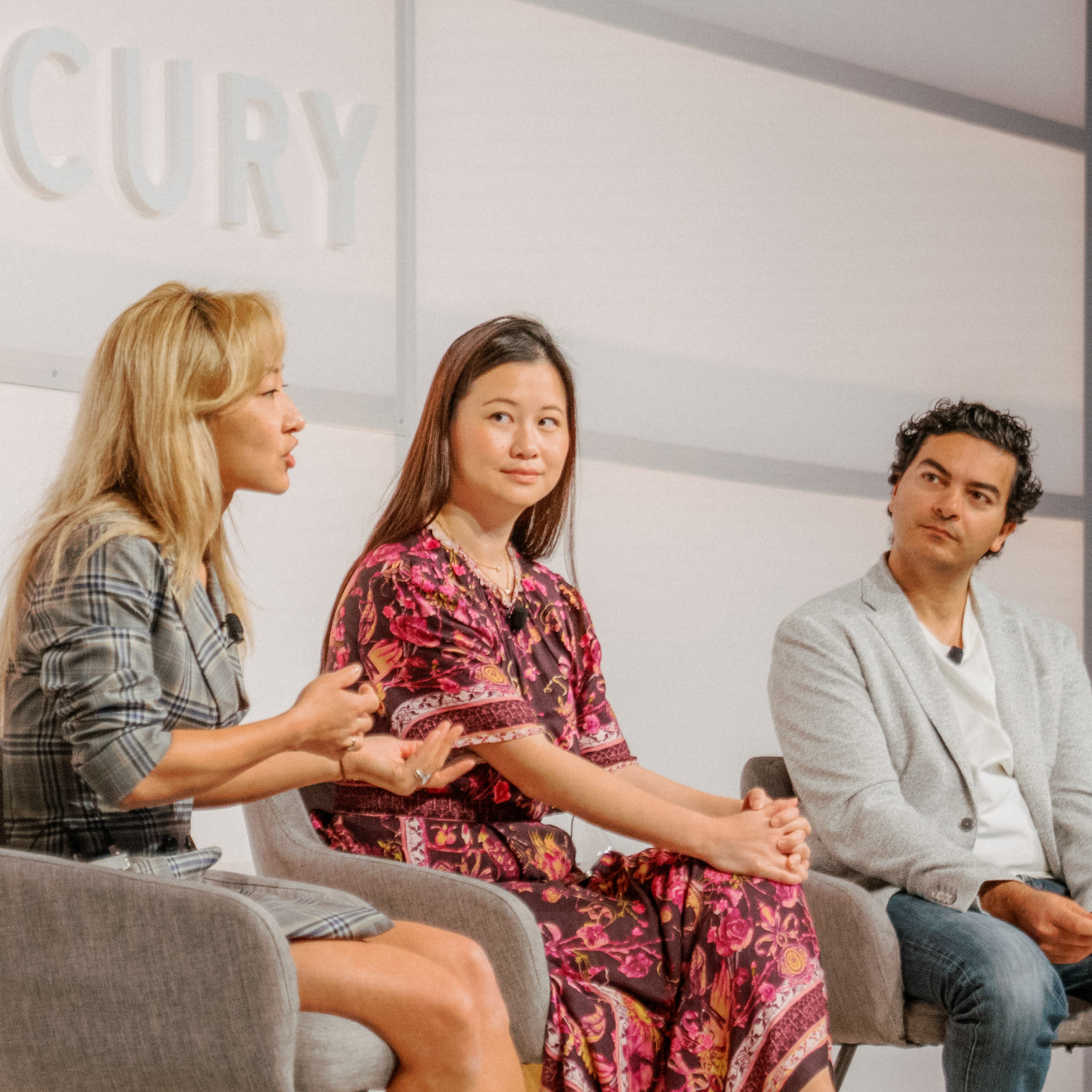 Sarah Guo, Sonya Huang, and Immad Akhund on stage at Mercury Spheres