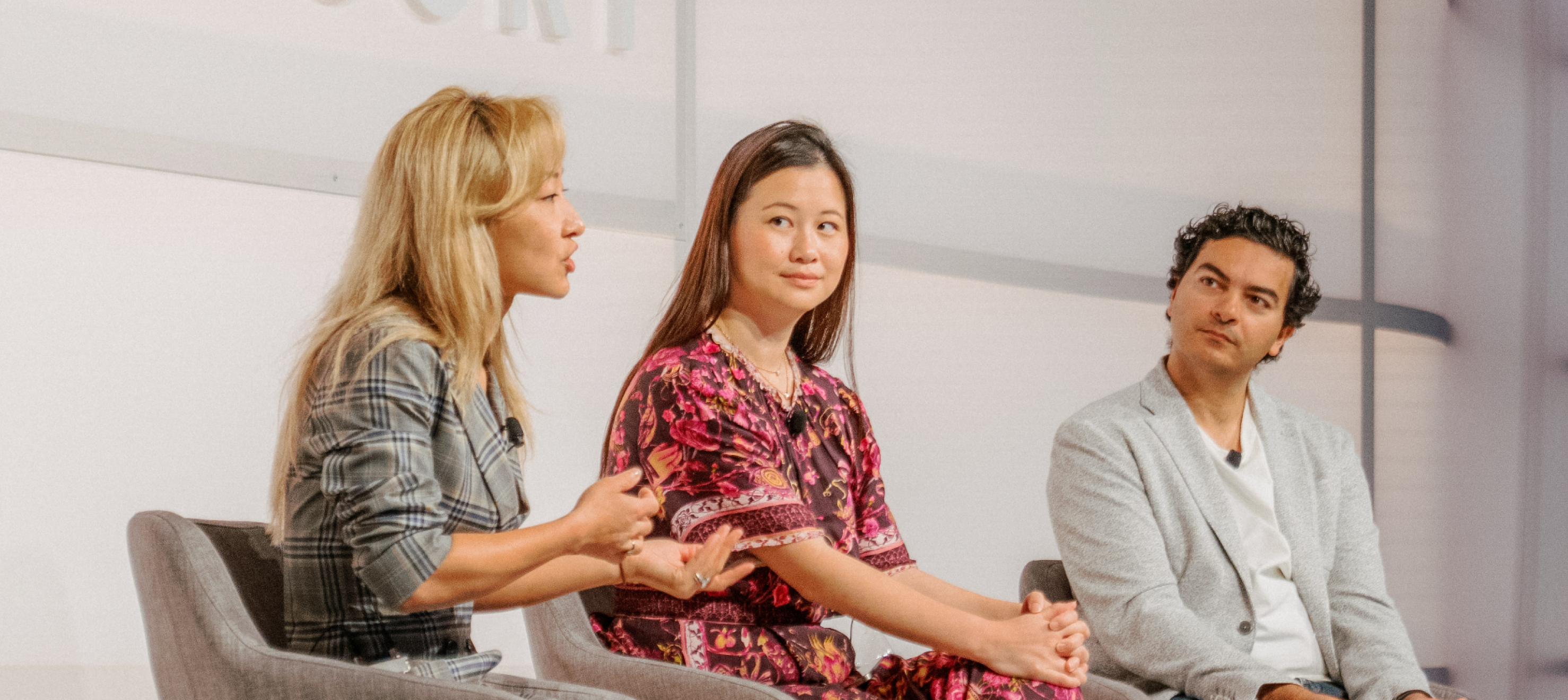 Sarah Guo, Sonya Huang, and Immad Akhund on stage at Mercury Spheres