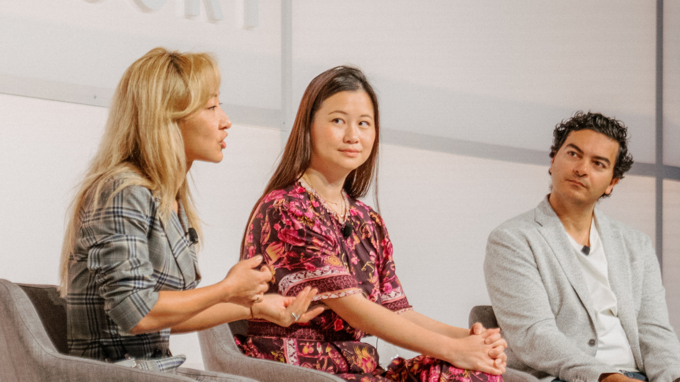 Sarah Guo, Sonya Huang, and Immad Akhund on stage at Mercury Spheres
