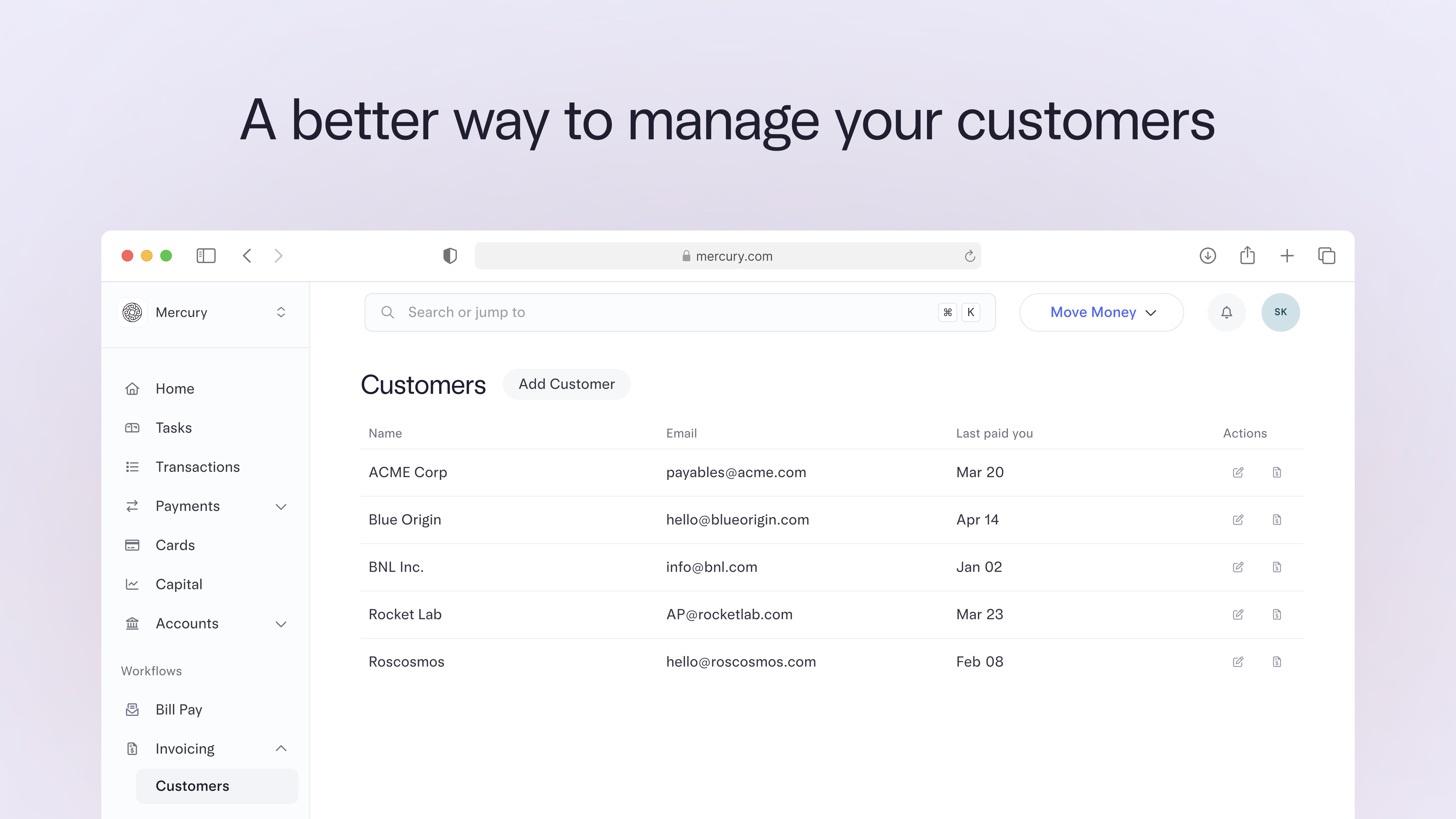 Customer management in invoicing with text: "A better way to manage your customers"
