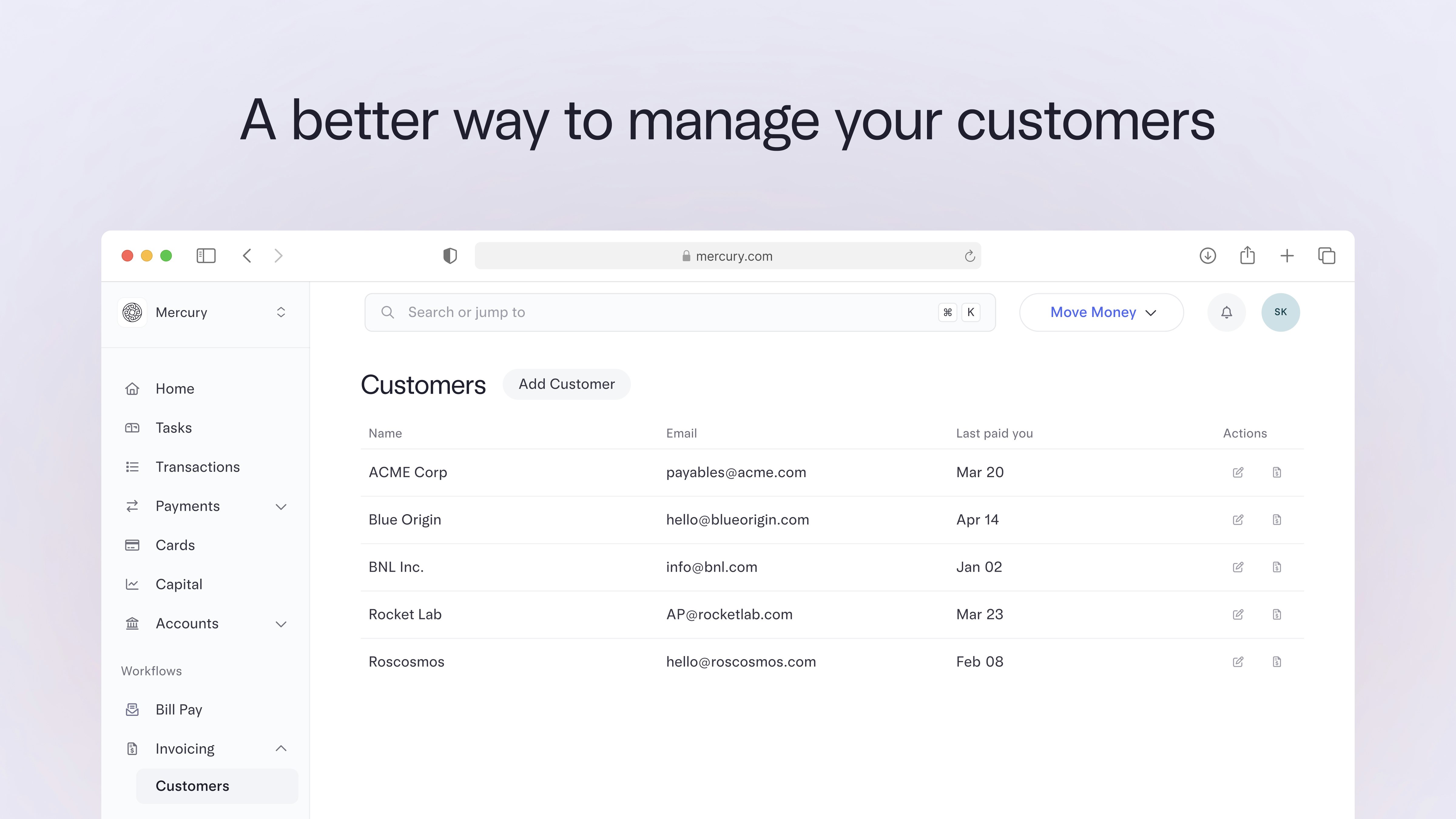 Customer management in invoicing with text: "A better way to manage your customers" image showing customers page