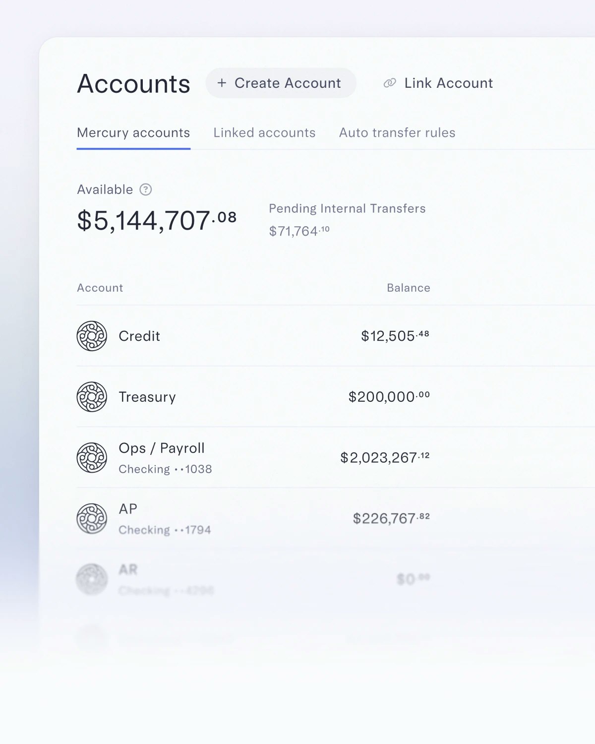 Accounts dashboard UI