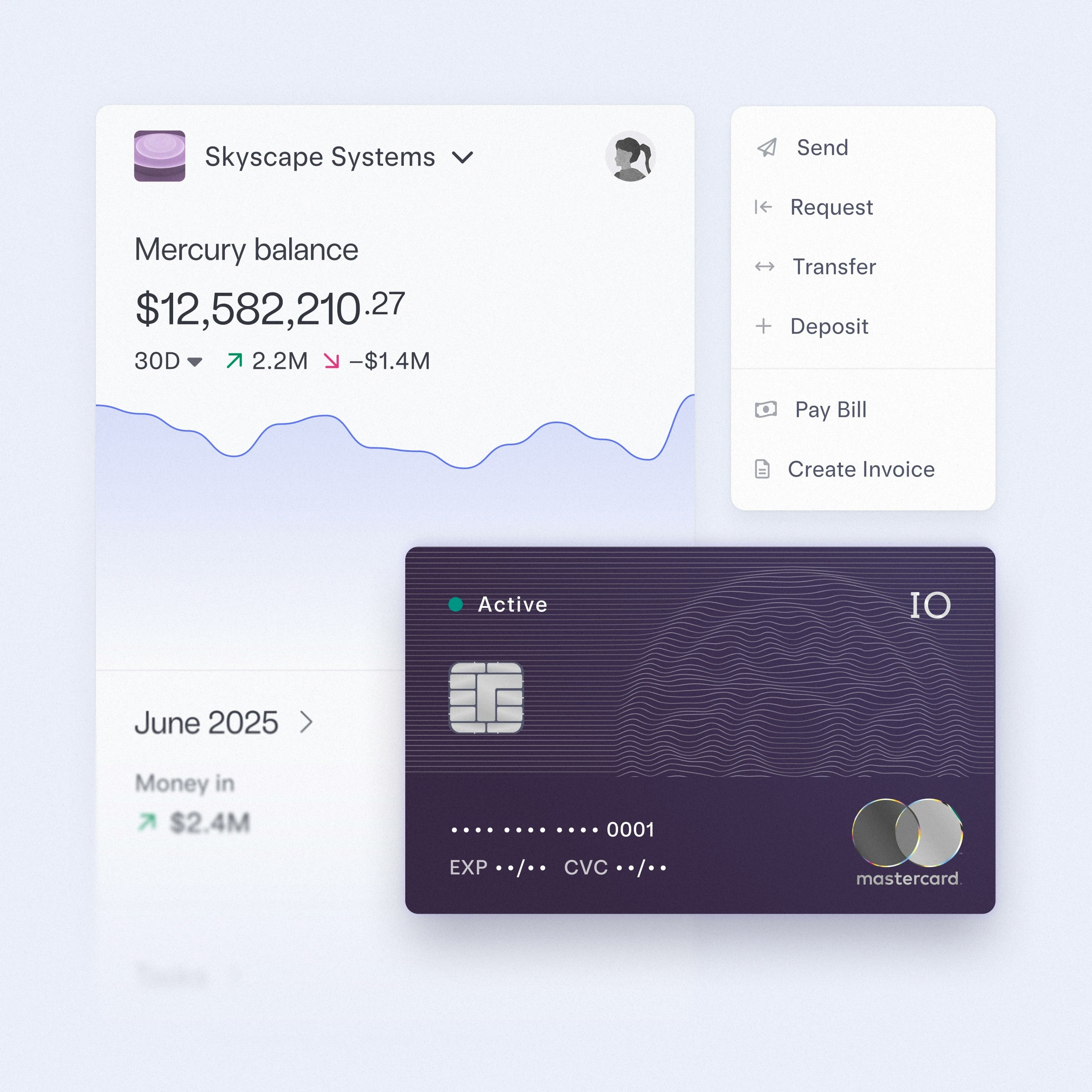Mercury mobile dashboard paired with virtual IO card and a drop down of send money options.