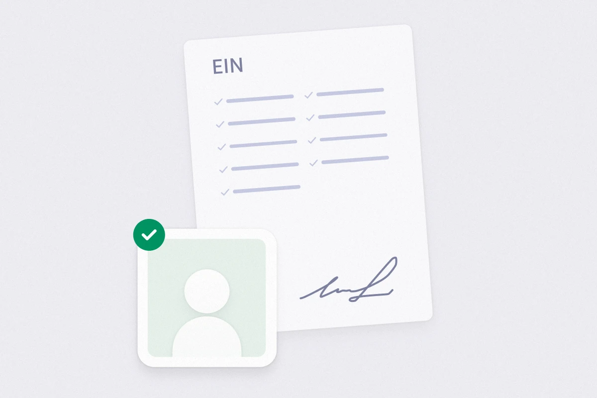 EIN document pictograph and a user profile icon with a green checkmark