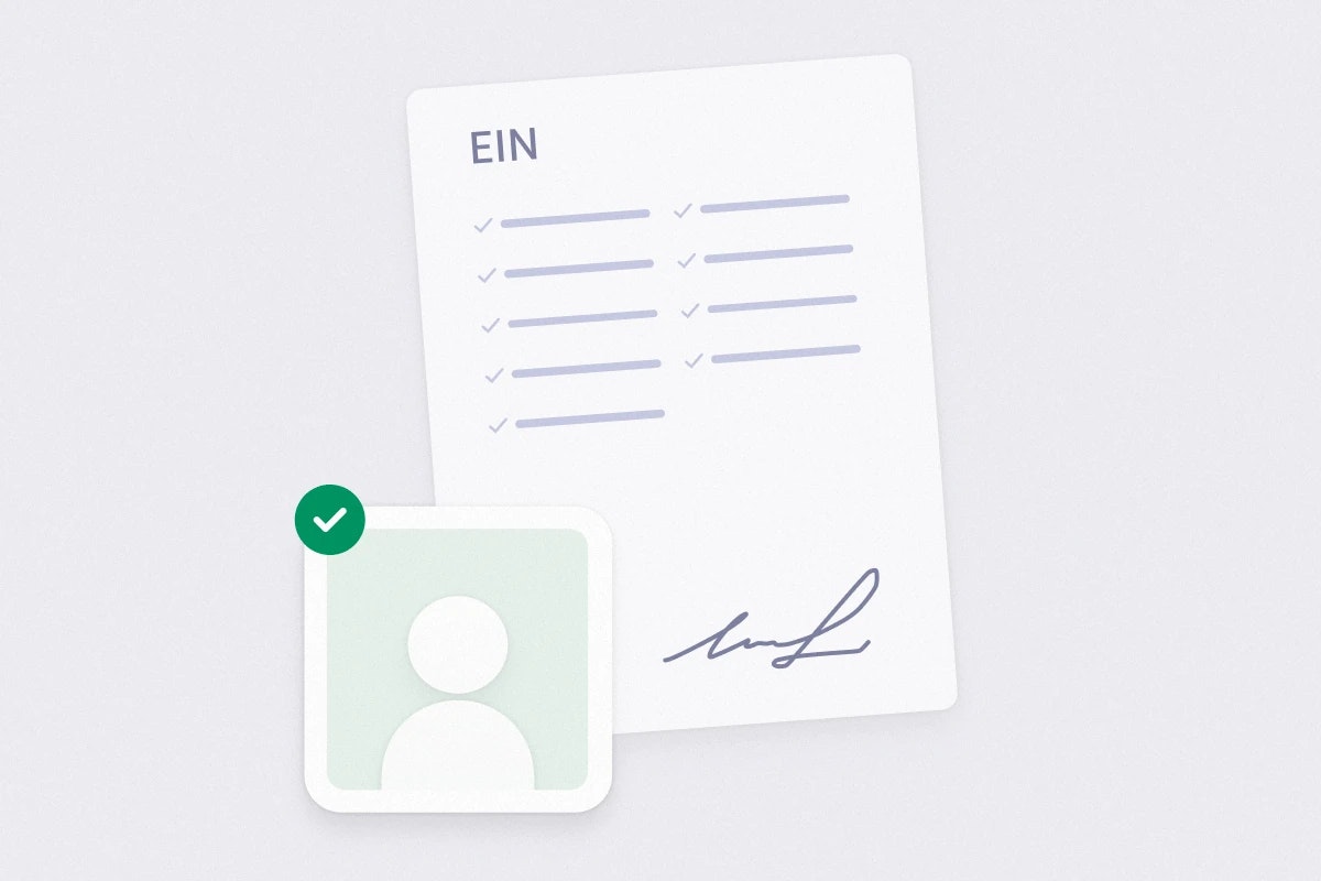 EIN document pictograph and a user profile icon with a green checkmark