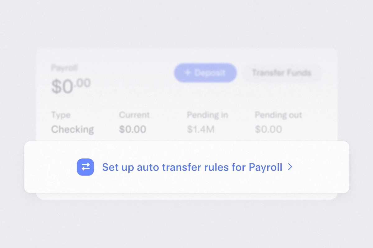 Account UI faded in the background with a hovering CTA to set up auto-transfer rules for Payroll