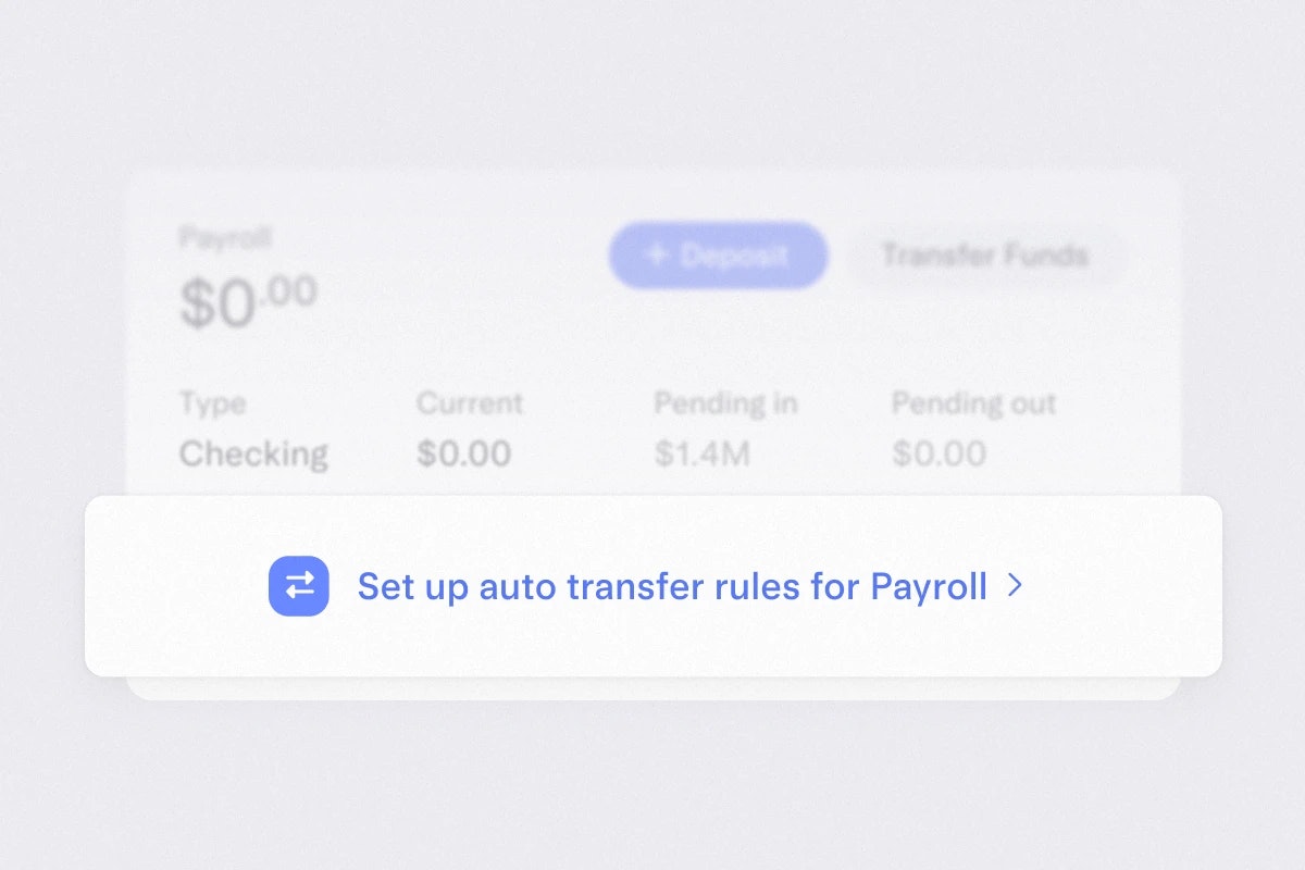 Account UI faded in the background with a hovering CTA to set up auto-transfer rules for Payroll