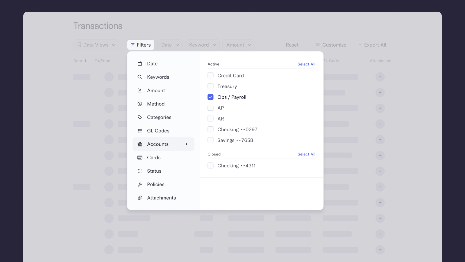 UI of updated Transactions page, showing Ops/Payroll