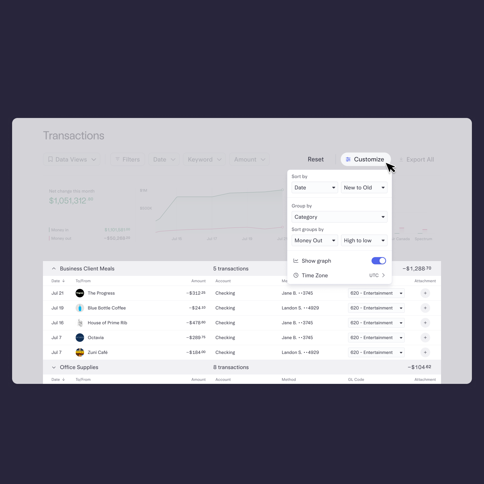 UI of Transactions page, showing a customized view by category