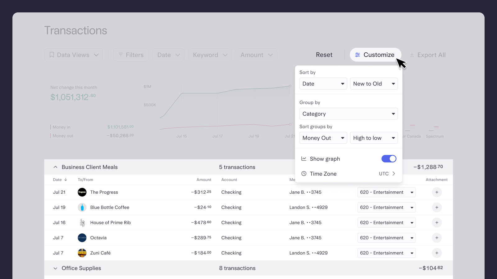 UI of Transactions page, showing customized view by category