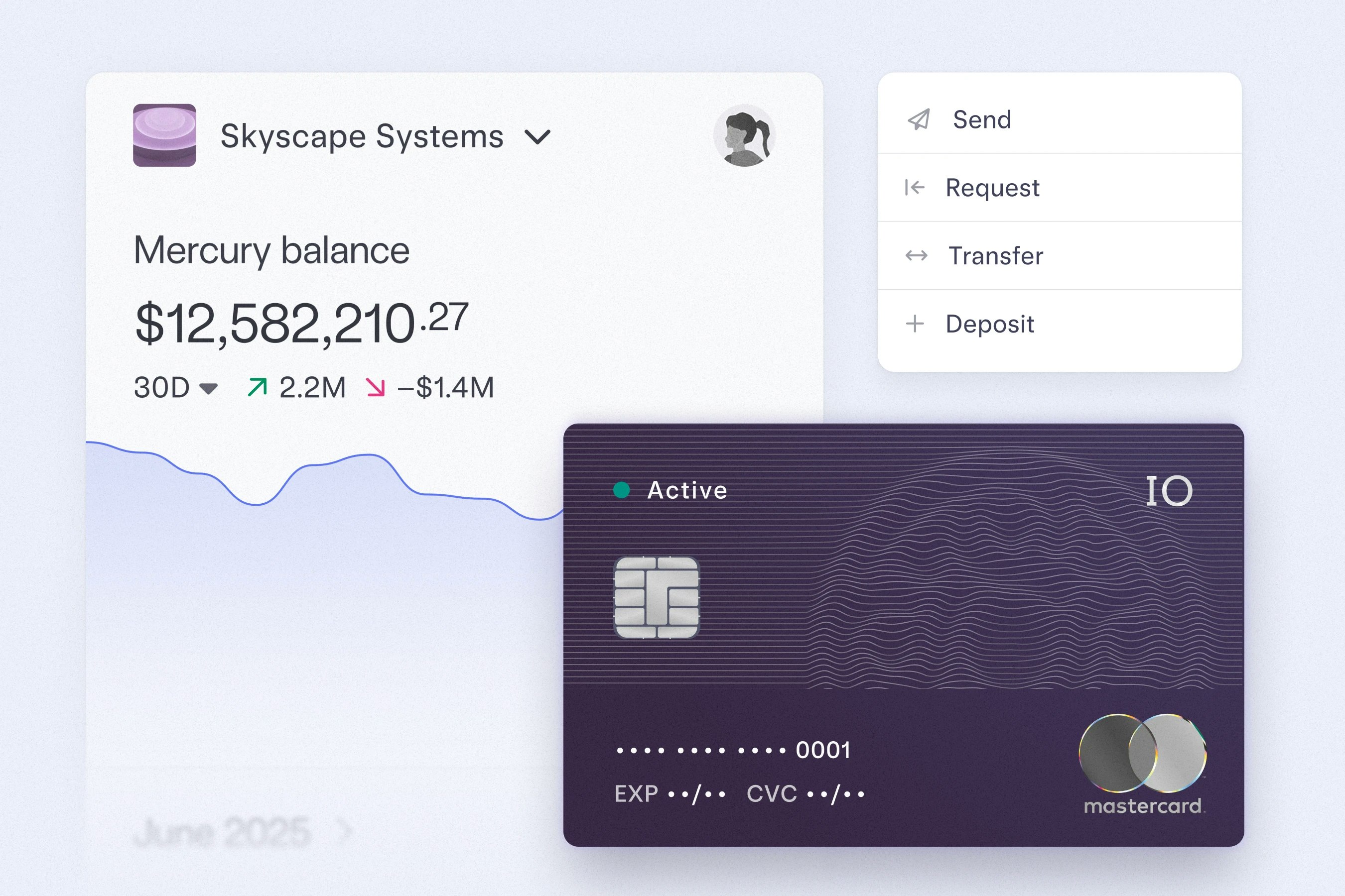 Mercury mobile dashboard paired with virtual IO card and a drop down of send money options.